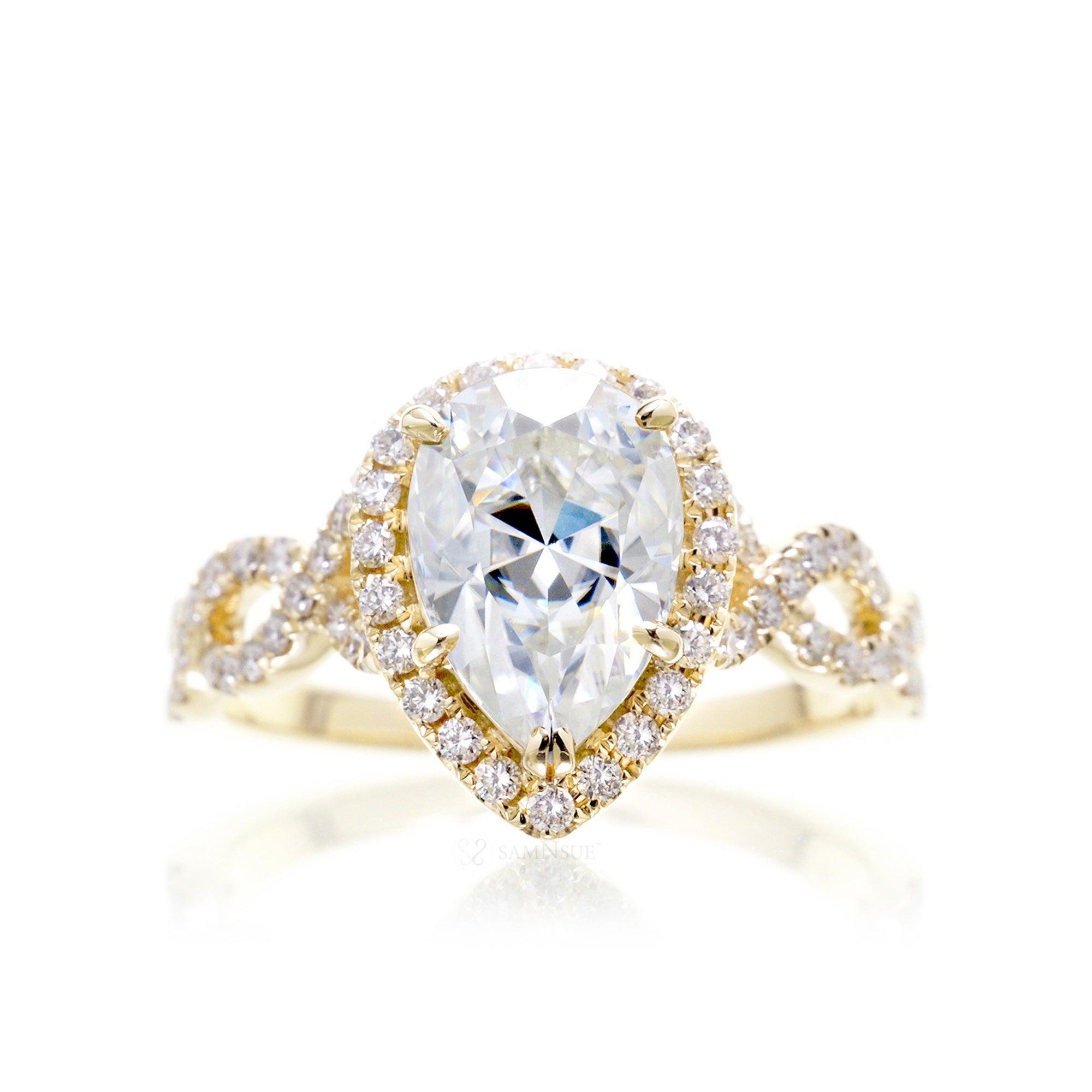 Moissanite pear ring diamond halo and twisted band rose gold
