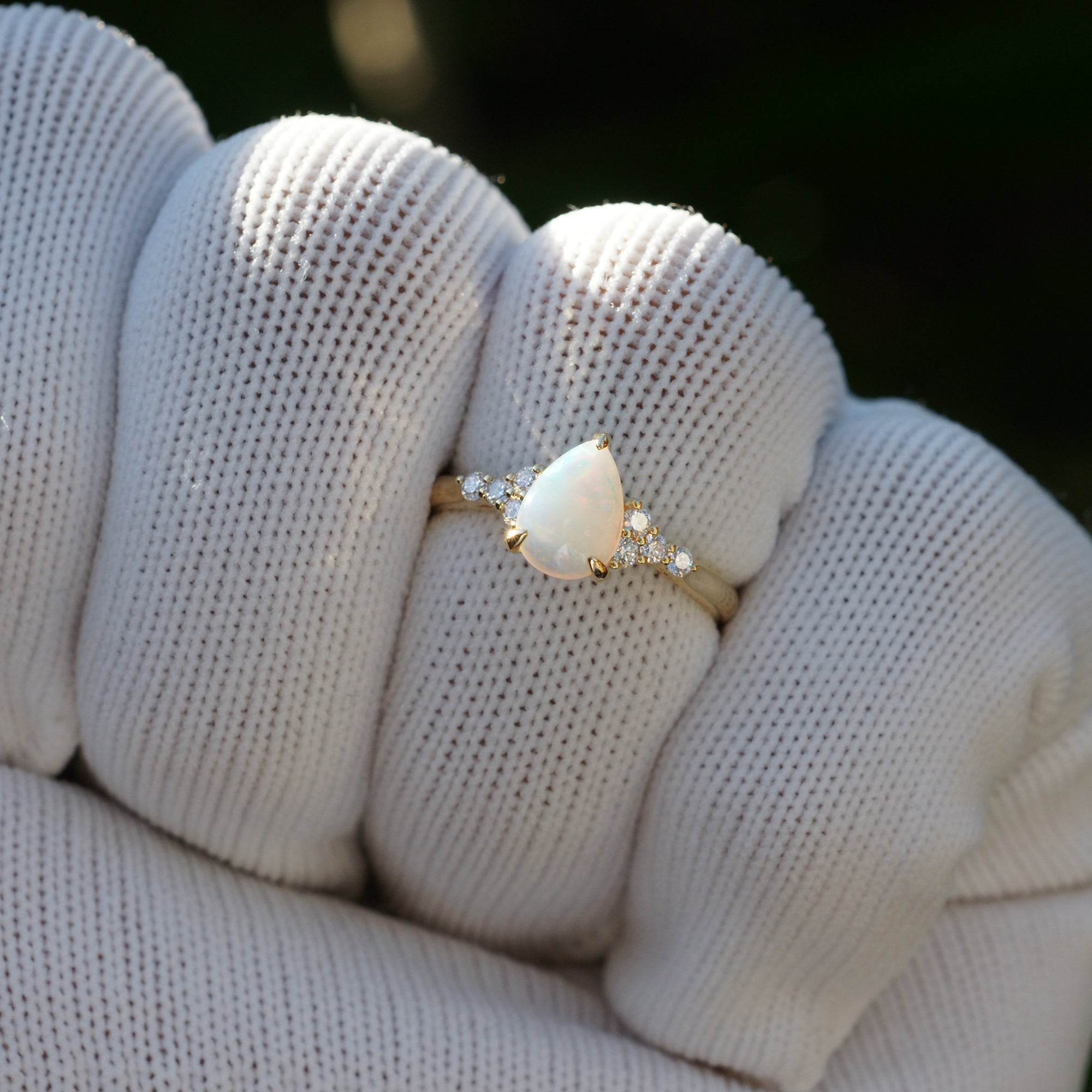 Tear Drop Opal And Diamond Three Stone Ring