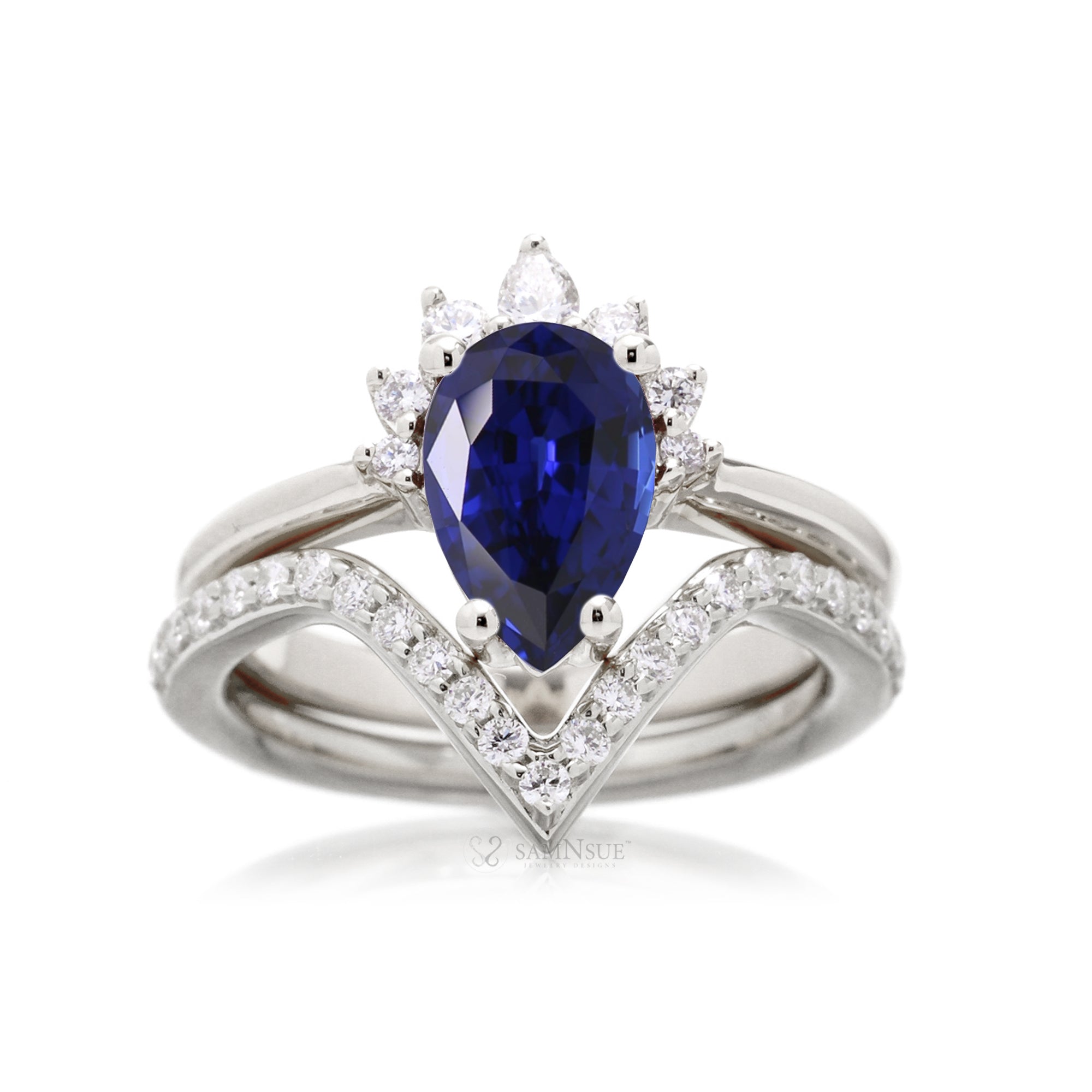 Sapphire pear shape wedding set in white gold half diamond halo v shape band