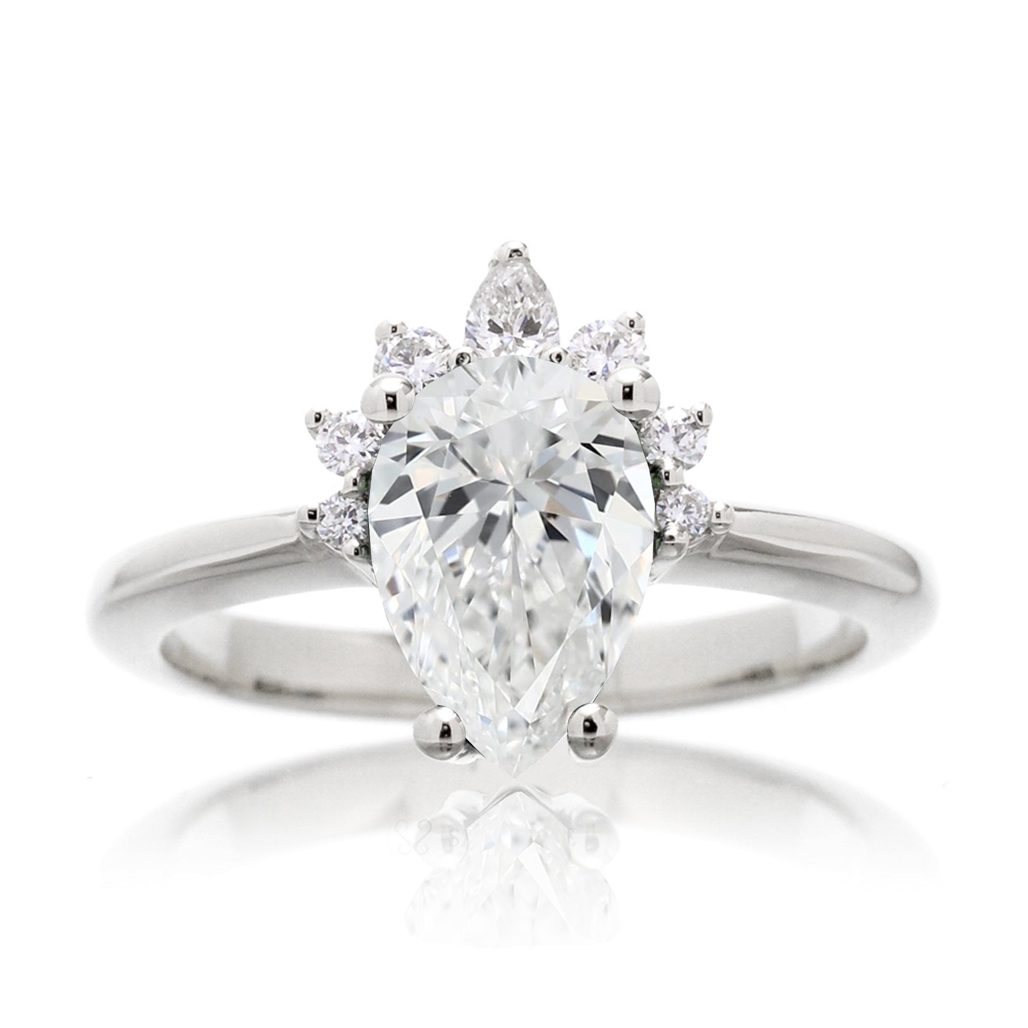 Pear diamond half halo solid band white gold engagement ring
