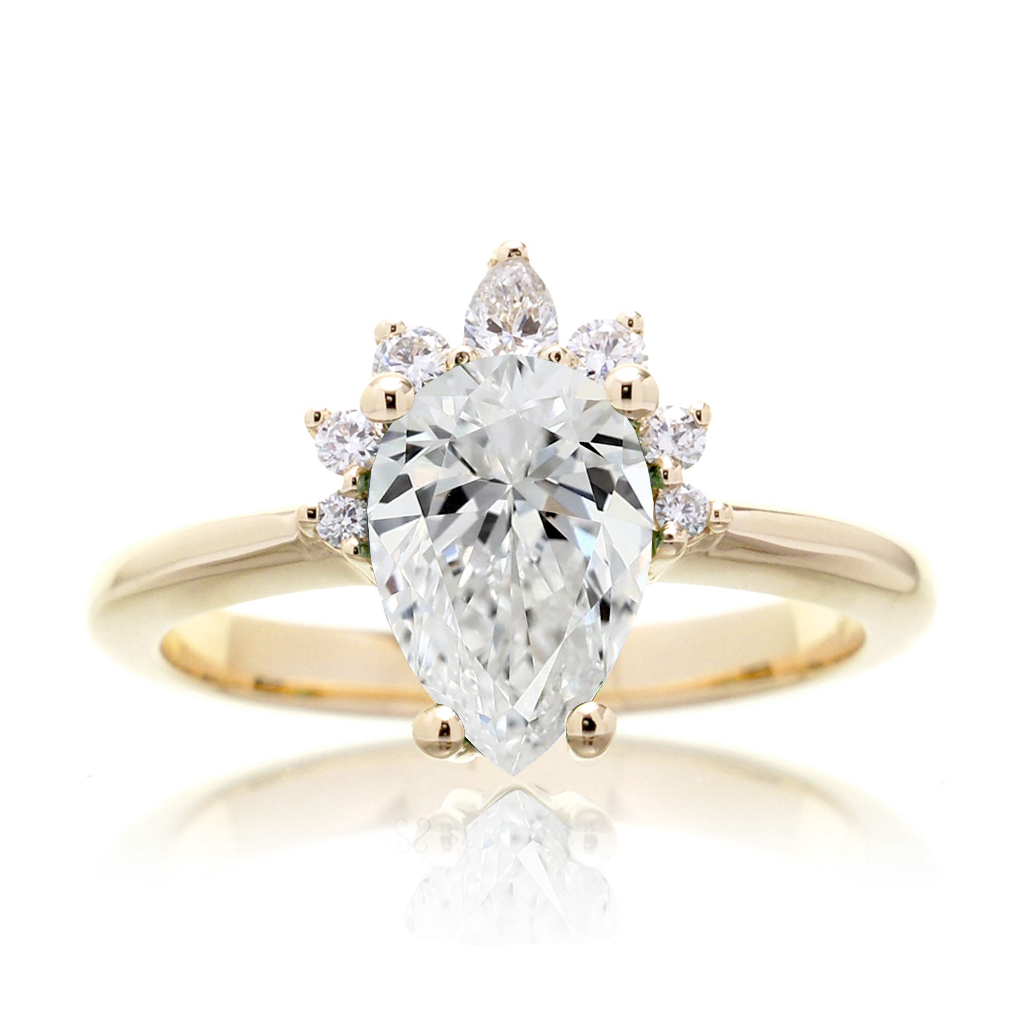 Pear diamond half halo solid band yellow gold engagement ring