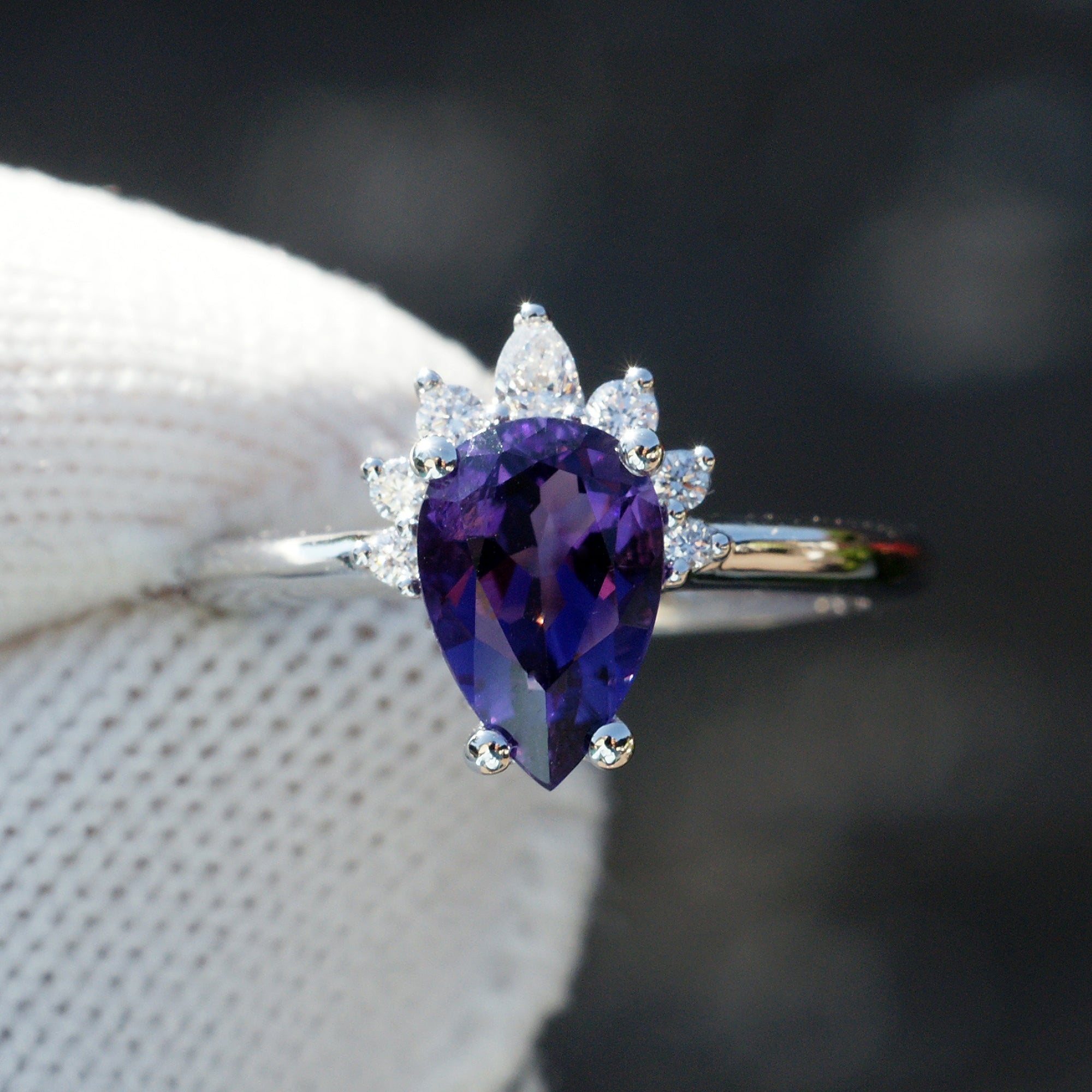 Natural pear amethyst and half diamond halo ring the pacey white gold