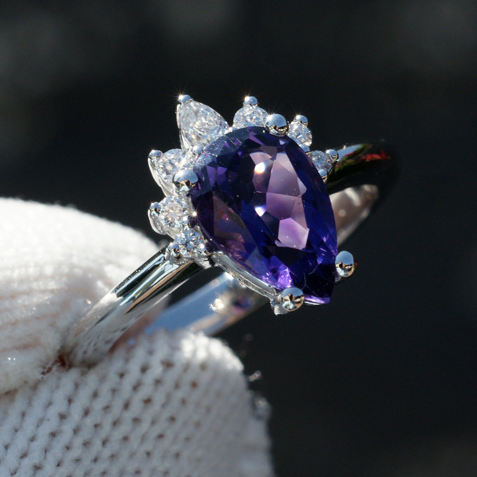 Natural pear amethyst and half diamond halo ring the pacey white gold