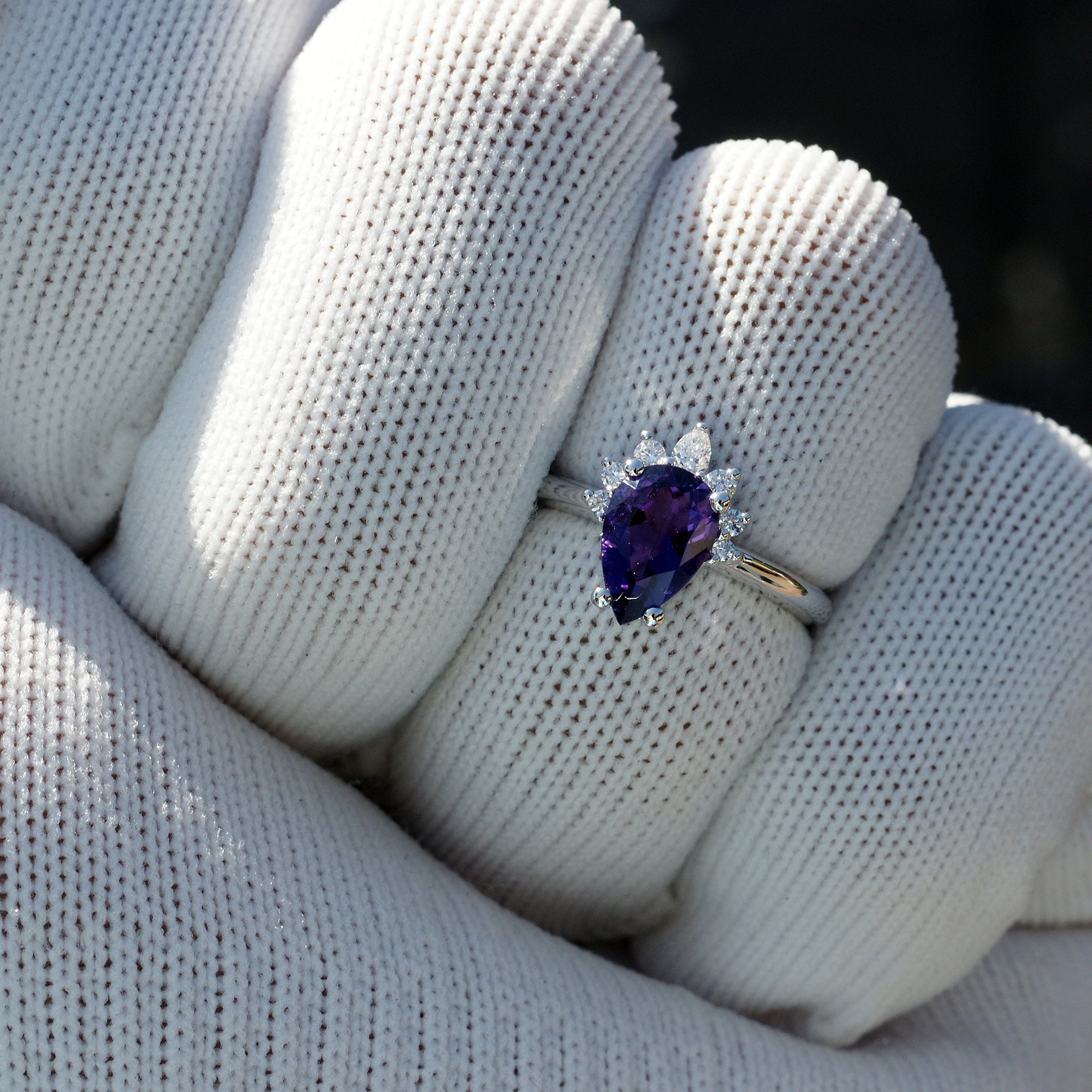 Natural pear amethyst and half diamond halo ring the pacey white gold