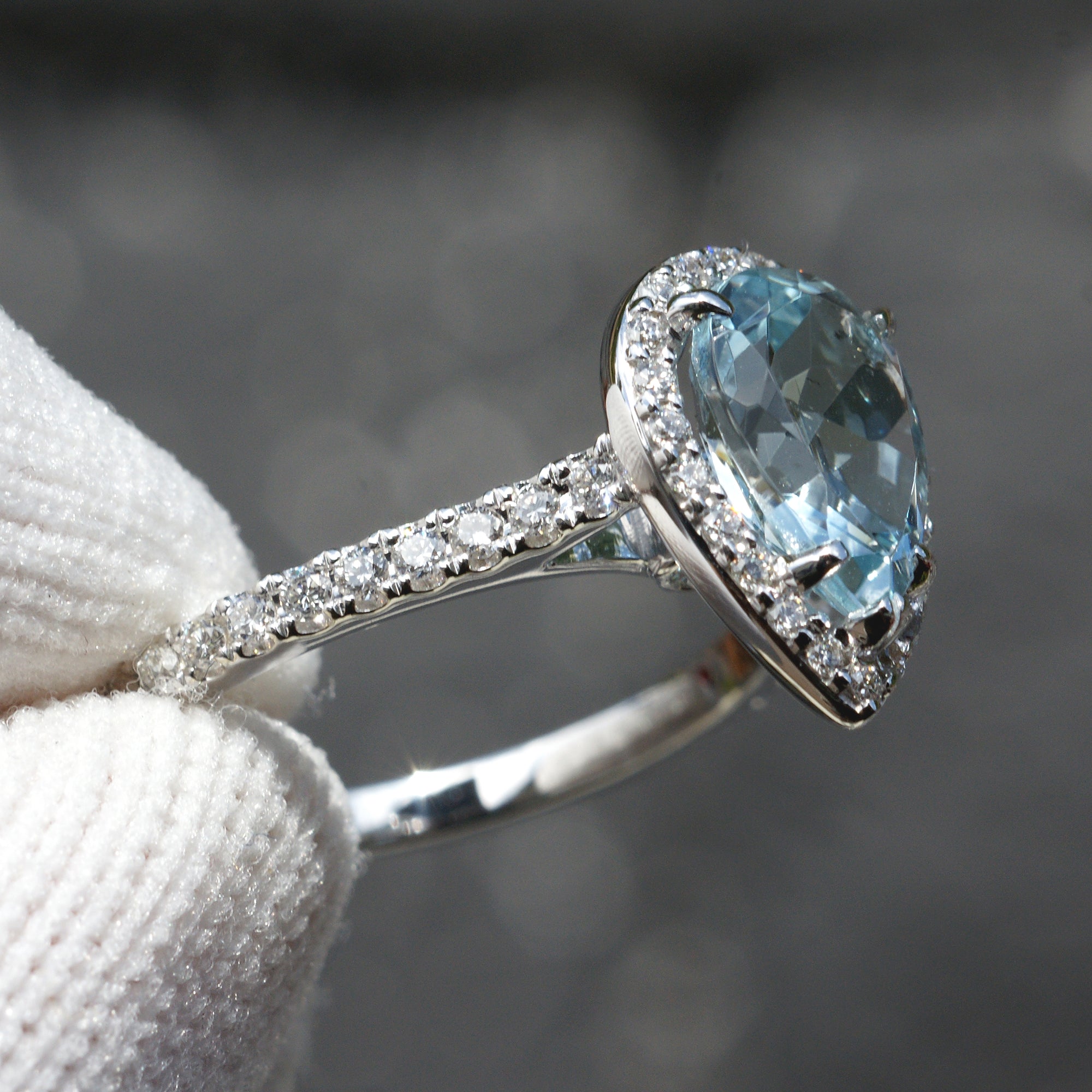 Pear aquamarine engagement ring in white gold - the Sunset ring