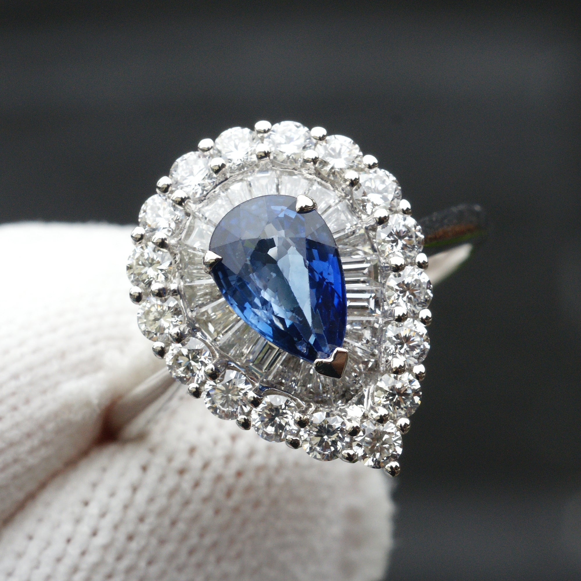 Pear Ceylon Sapphire Double Halo Baguette Ring 18k White Gold
