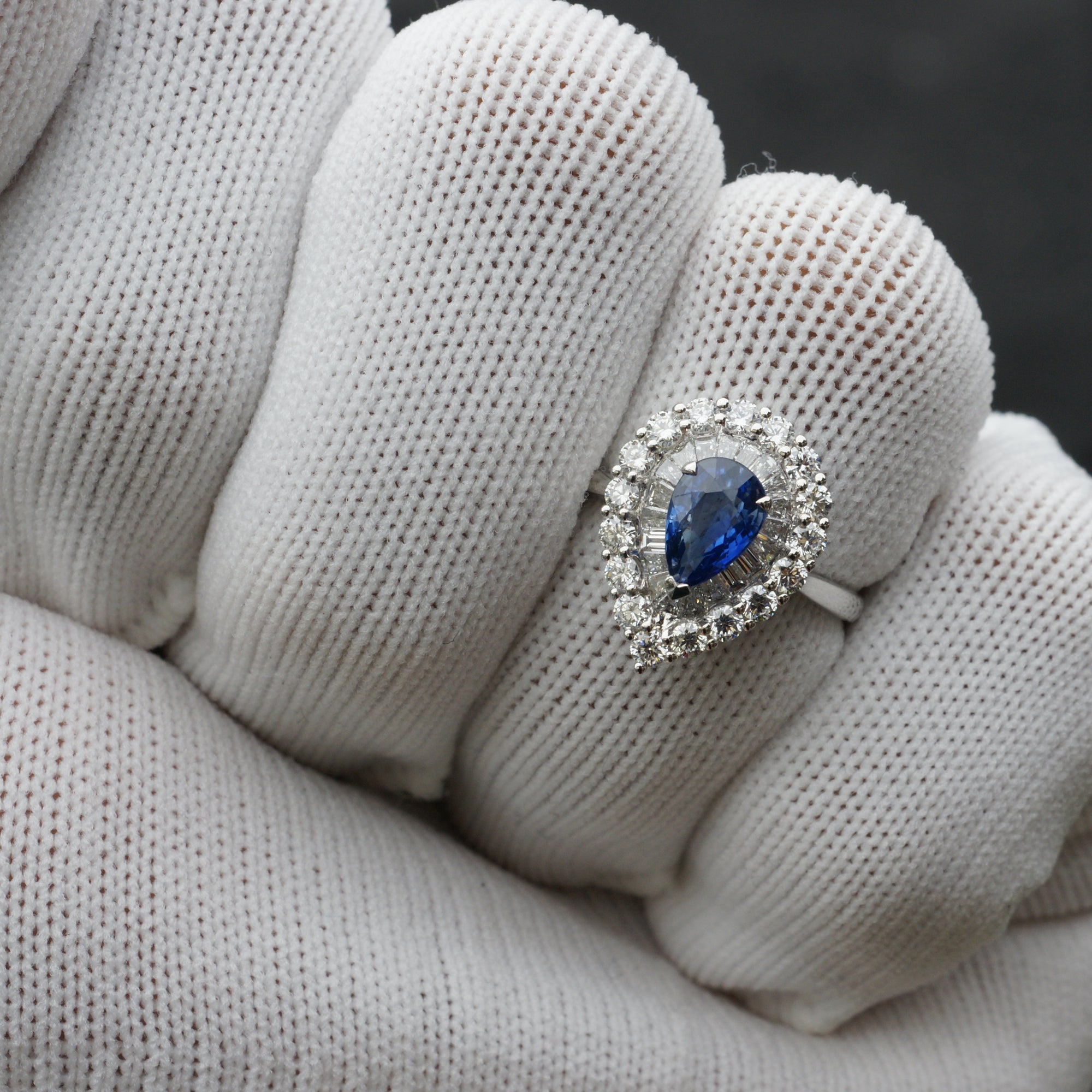 Natural pear Ceylon sapphire diamond double halo ring white gold
