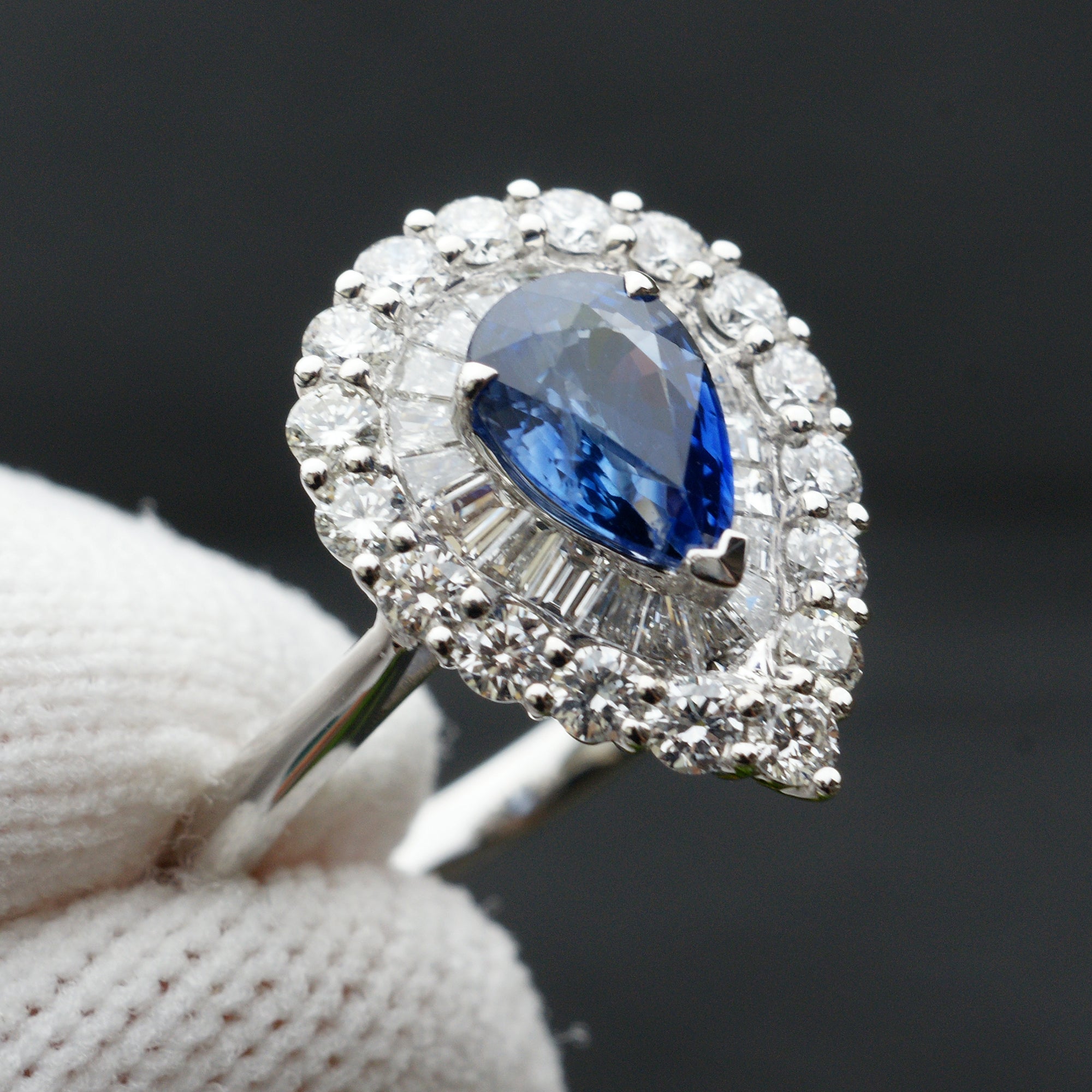 Natural pear Ceylon sapphire diamond double halo ring white gold