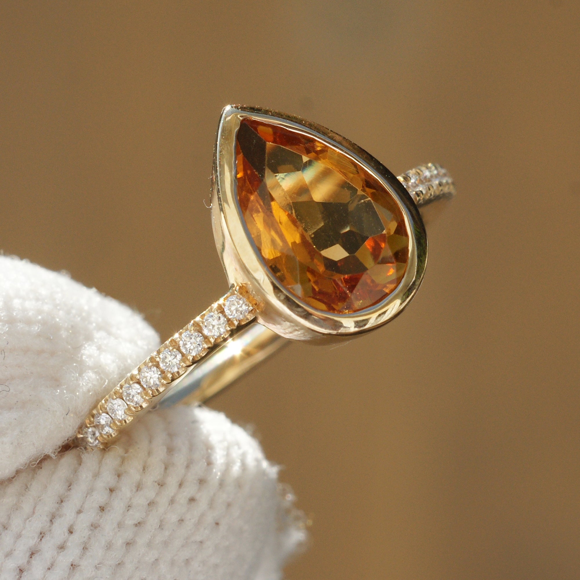 Pear Cut Citrine Bezel Ring Yellow Gold Diamond Band Angle