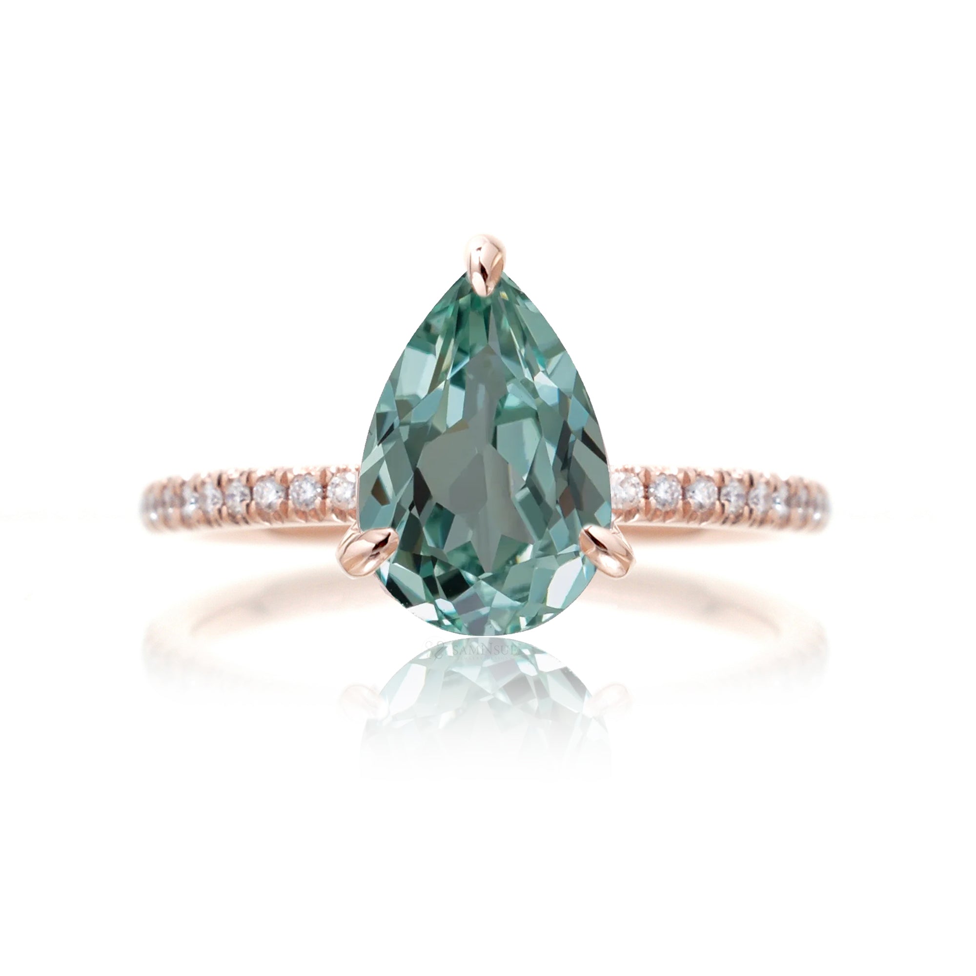 Green sapphire ring pear cut dainty diamond band rose gold
