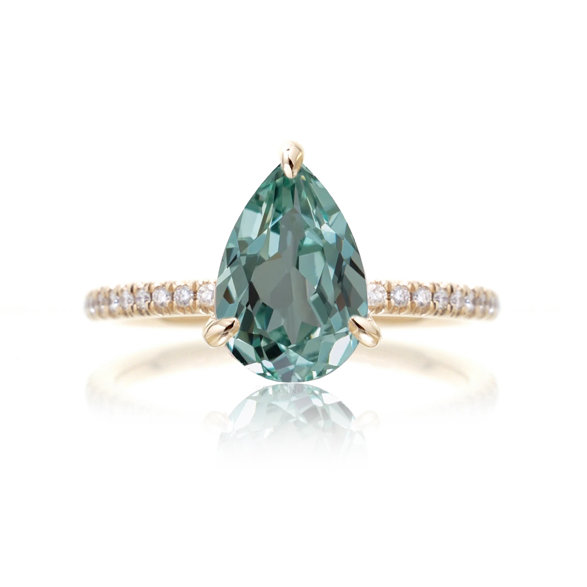 Green sapphire ring pear cut dainty diamond band yellow gold