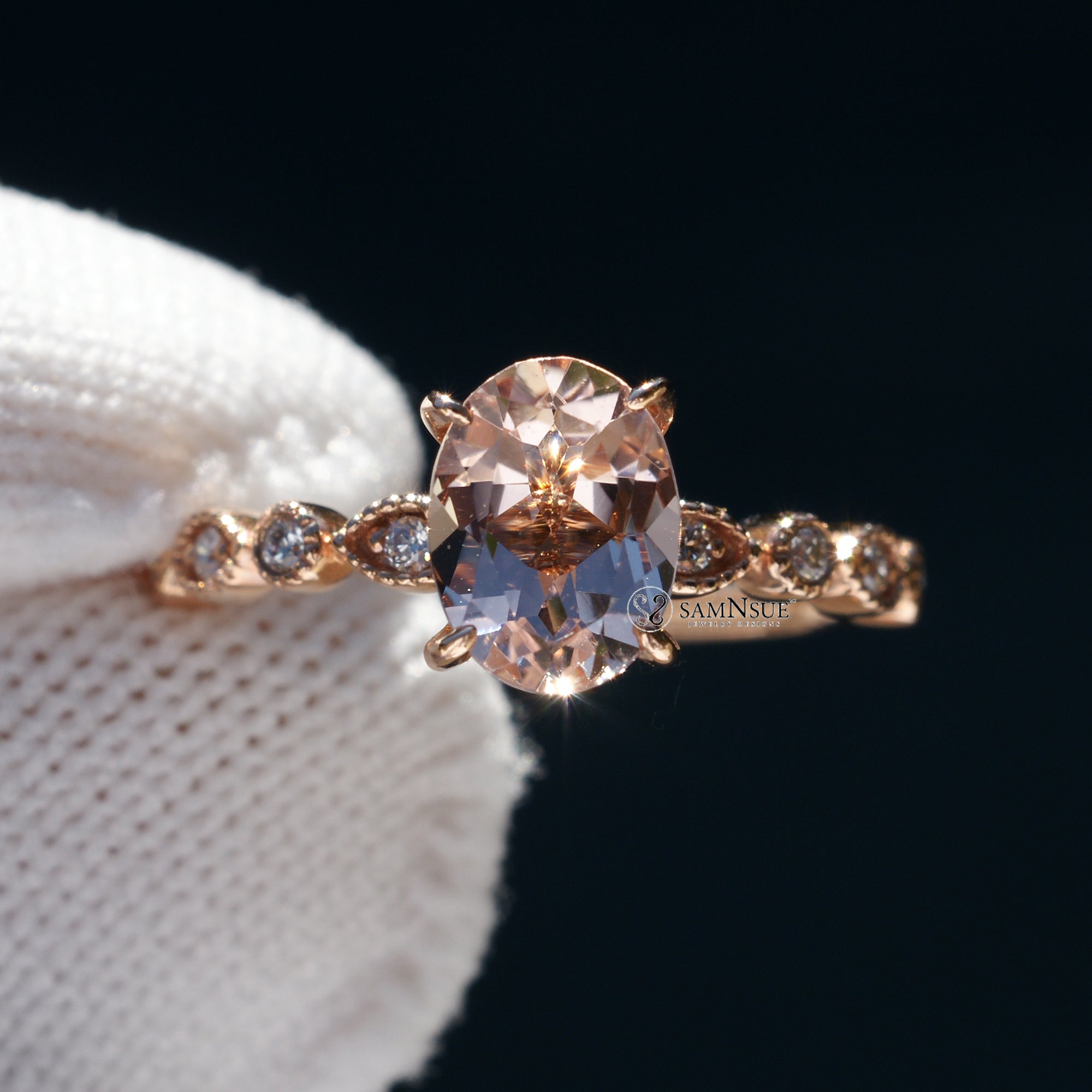 Oval morganite cut ring in rose gold dainty diamond band the Ivy
