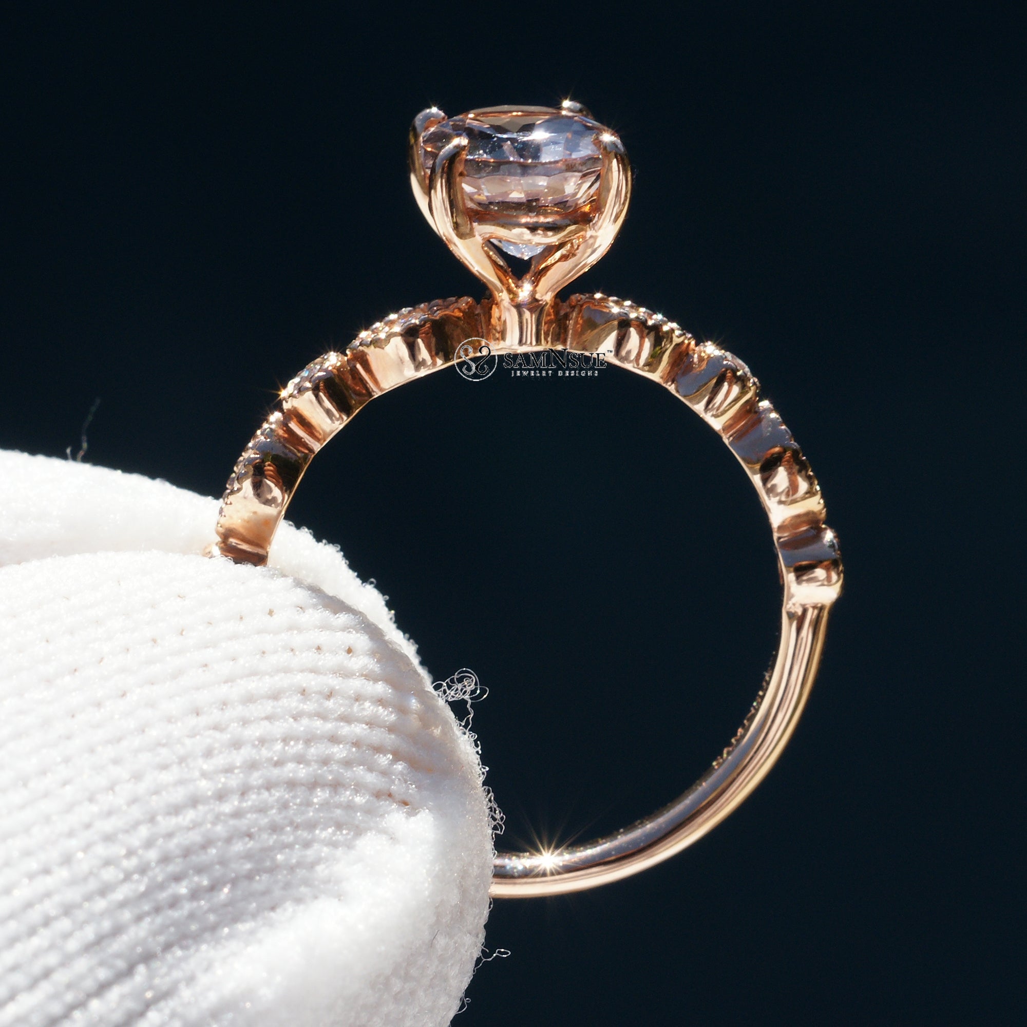 Oval morganite cut ring in rose gold dainty diamond band the Ivy