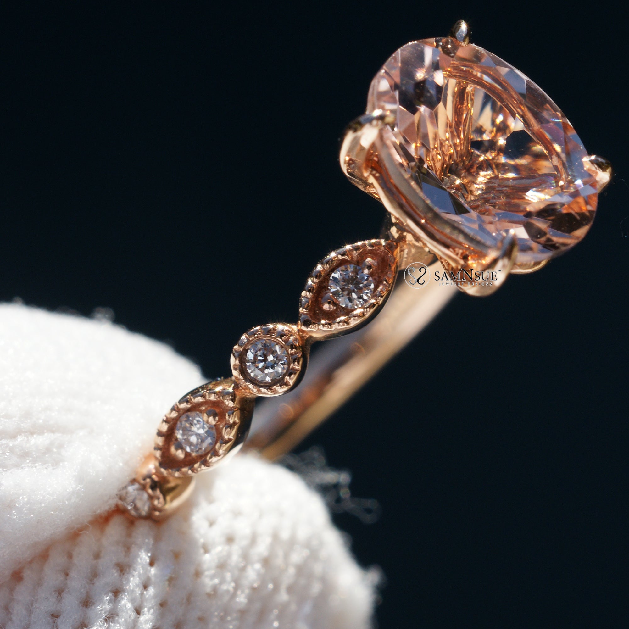 Oval morganite cut ring in rose gold dainty diamond band the Ivy