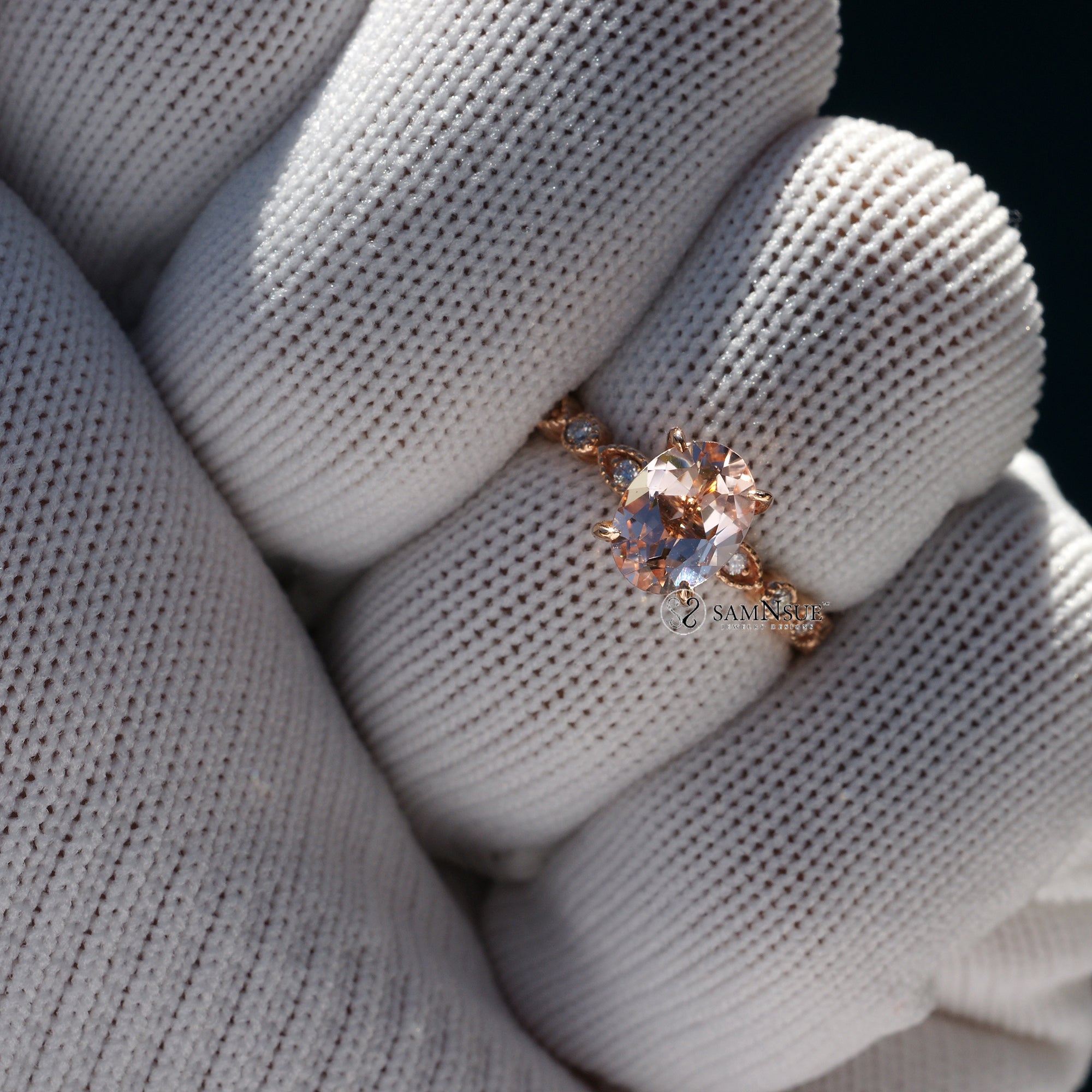 Oval morganite cut ring in rose gold dainty diamond band the Ivy
