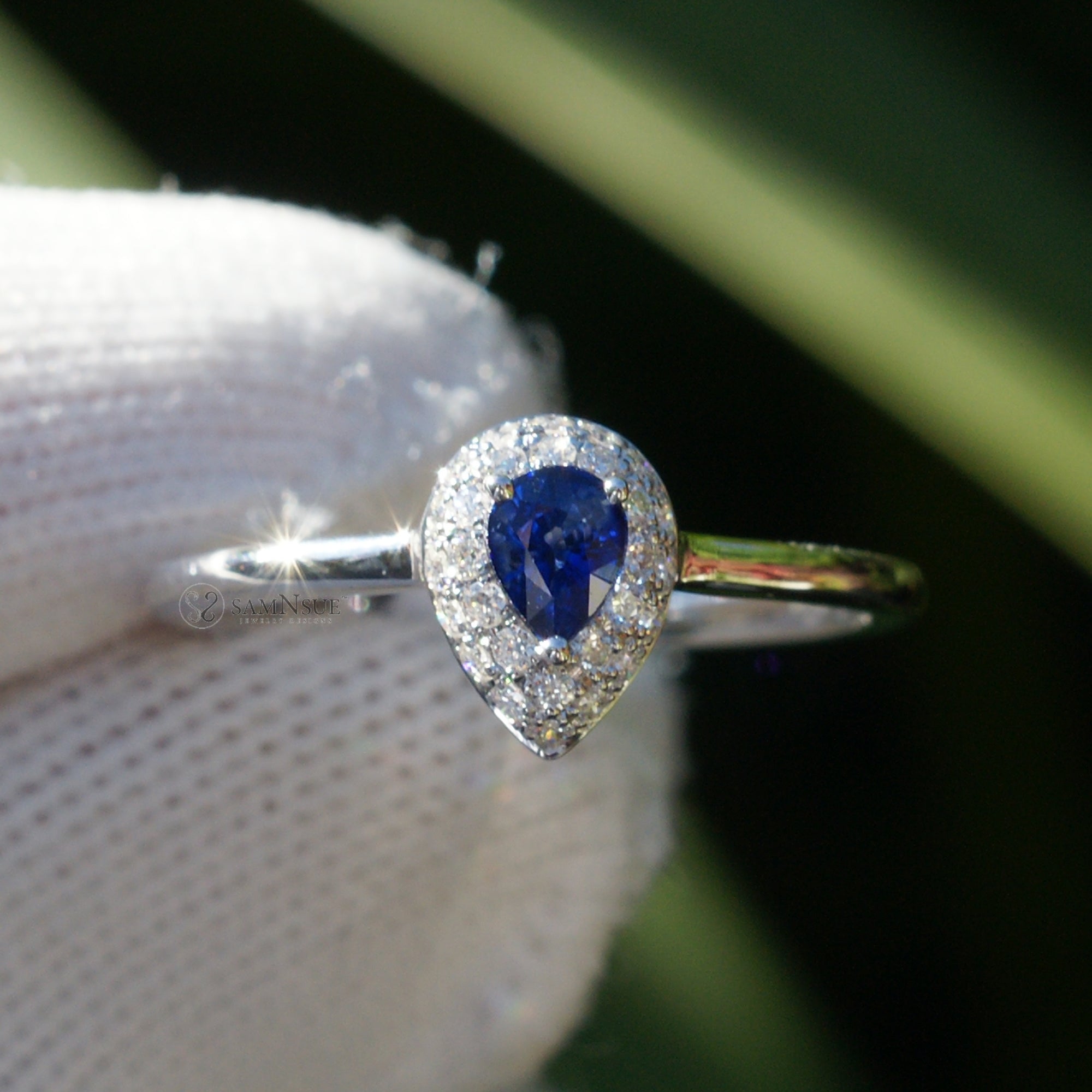The Ophelia Pear Sapphire Pave Halo Ring