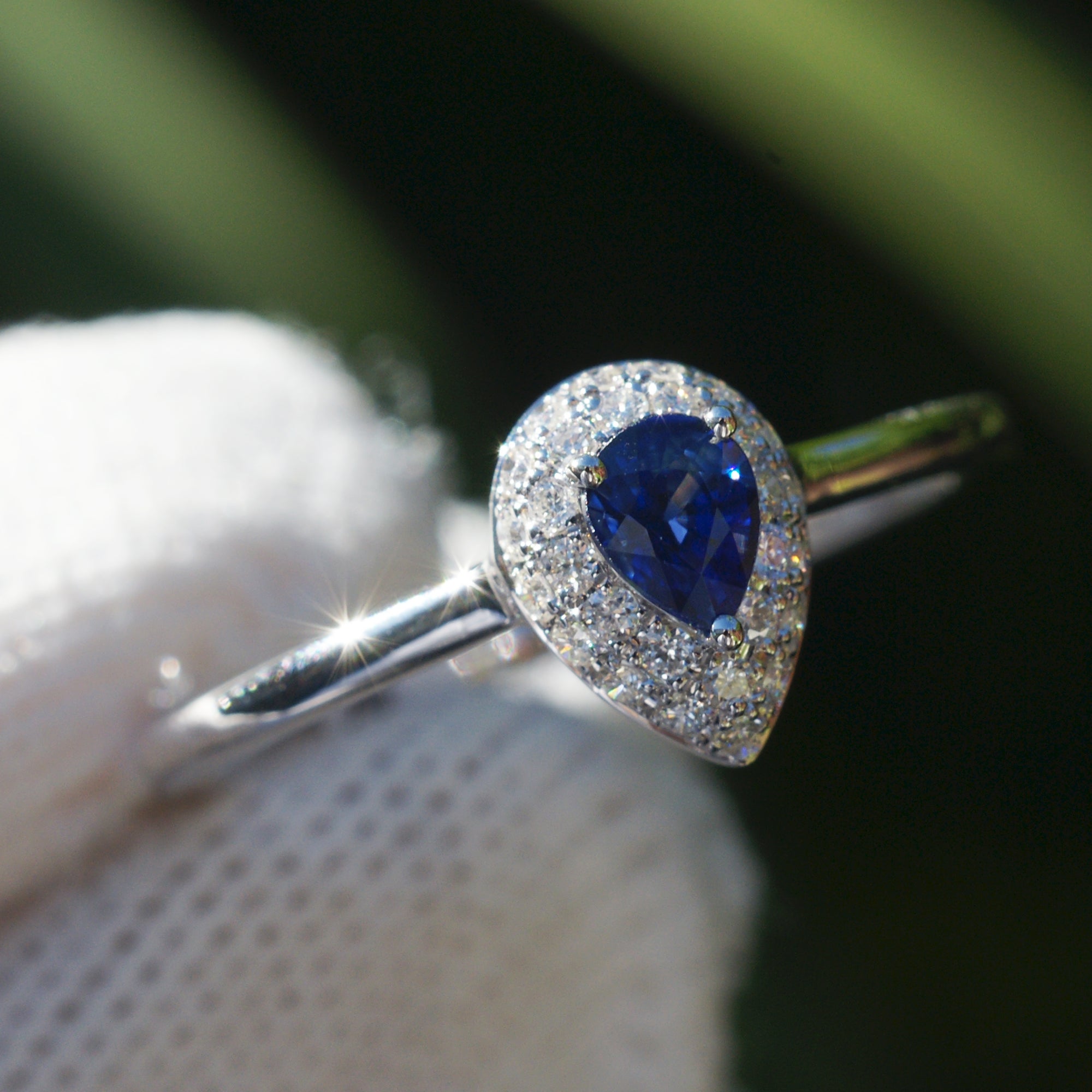 The Ophelia Pear Sapphire Pave Halo Ring