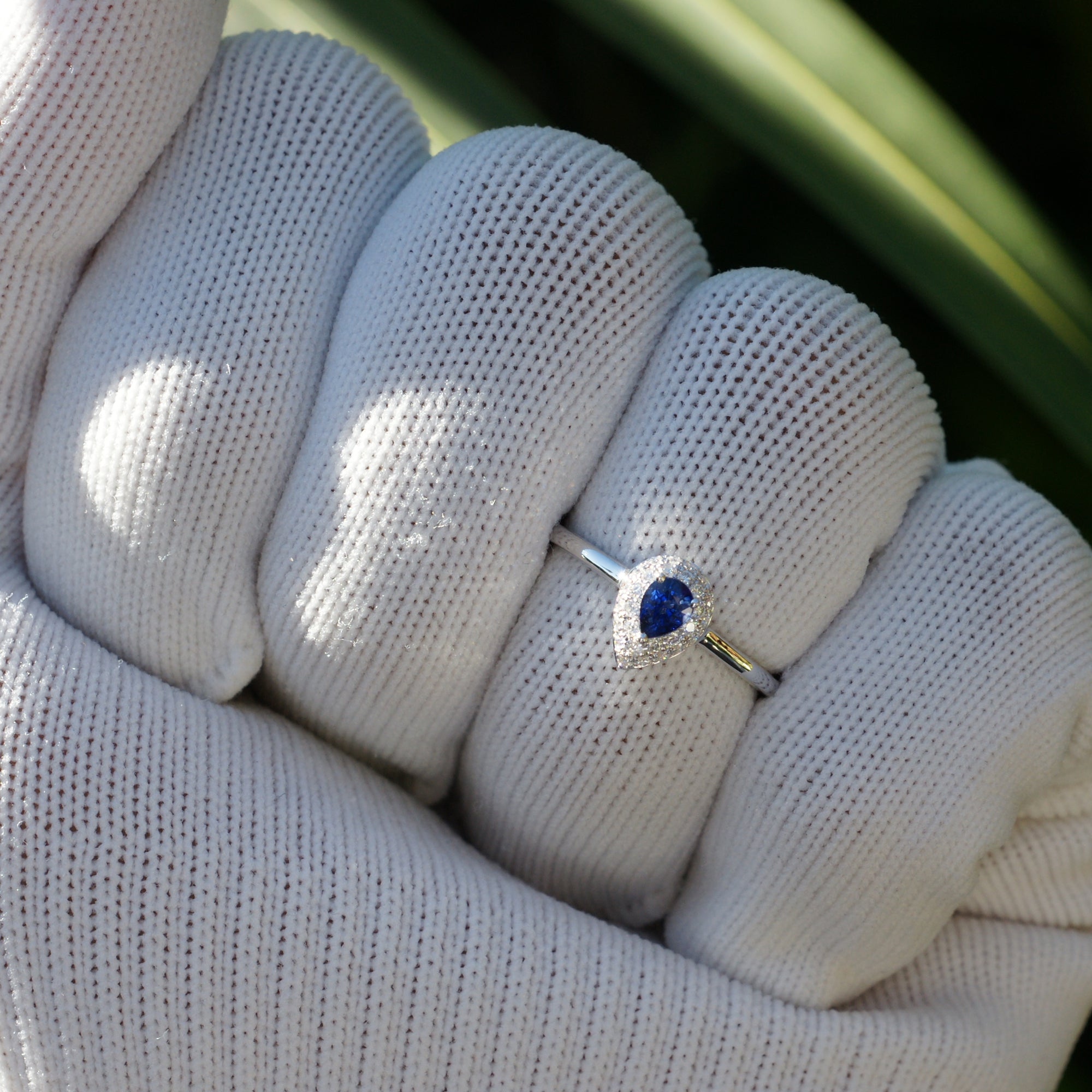 The Ophelia Pear Sapphire Pave Halo Ring