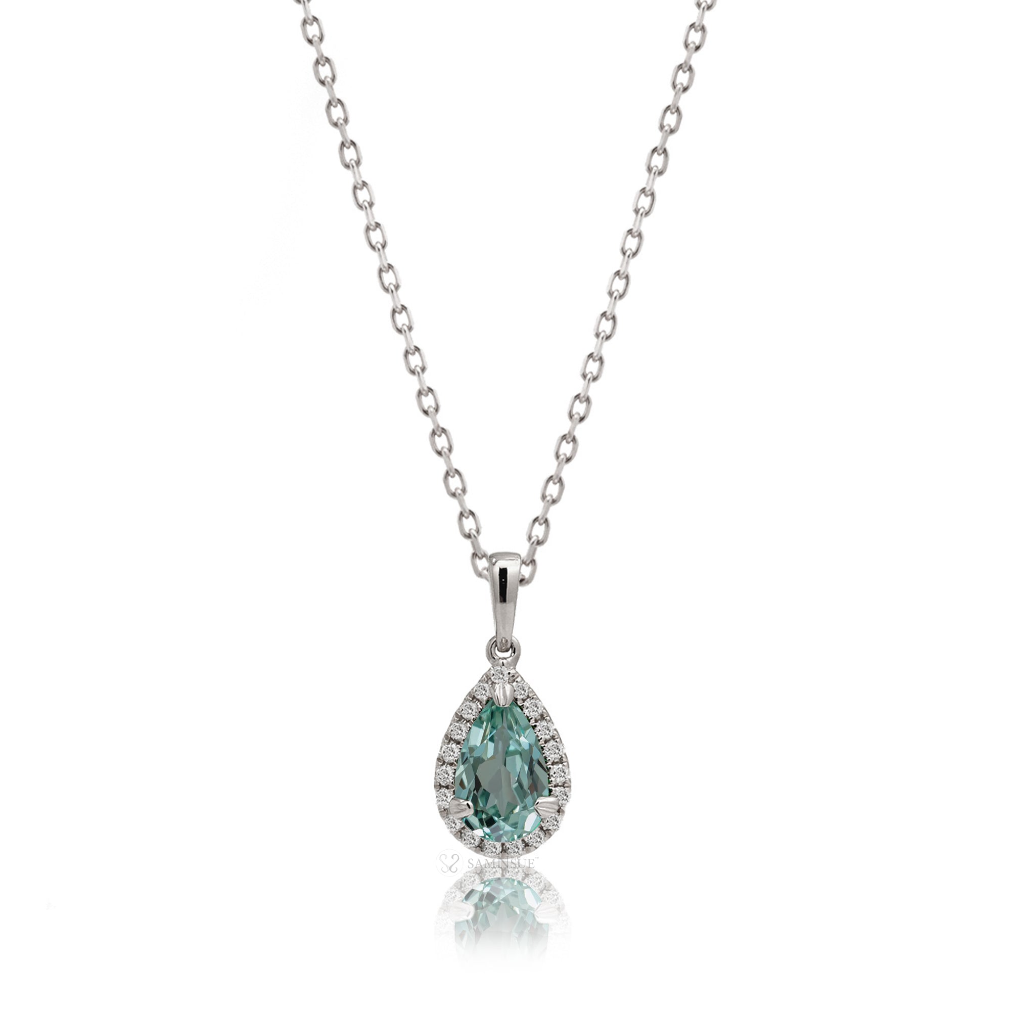 Green sapphire pear diamond halo pendant white gold