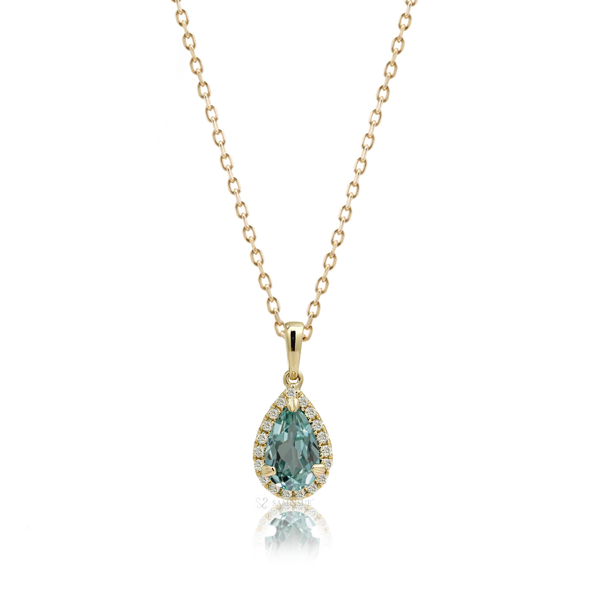 Green sapphire pear diamond halo pendant yellow gold