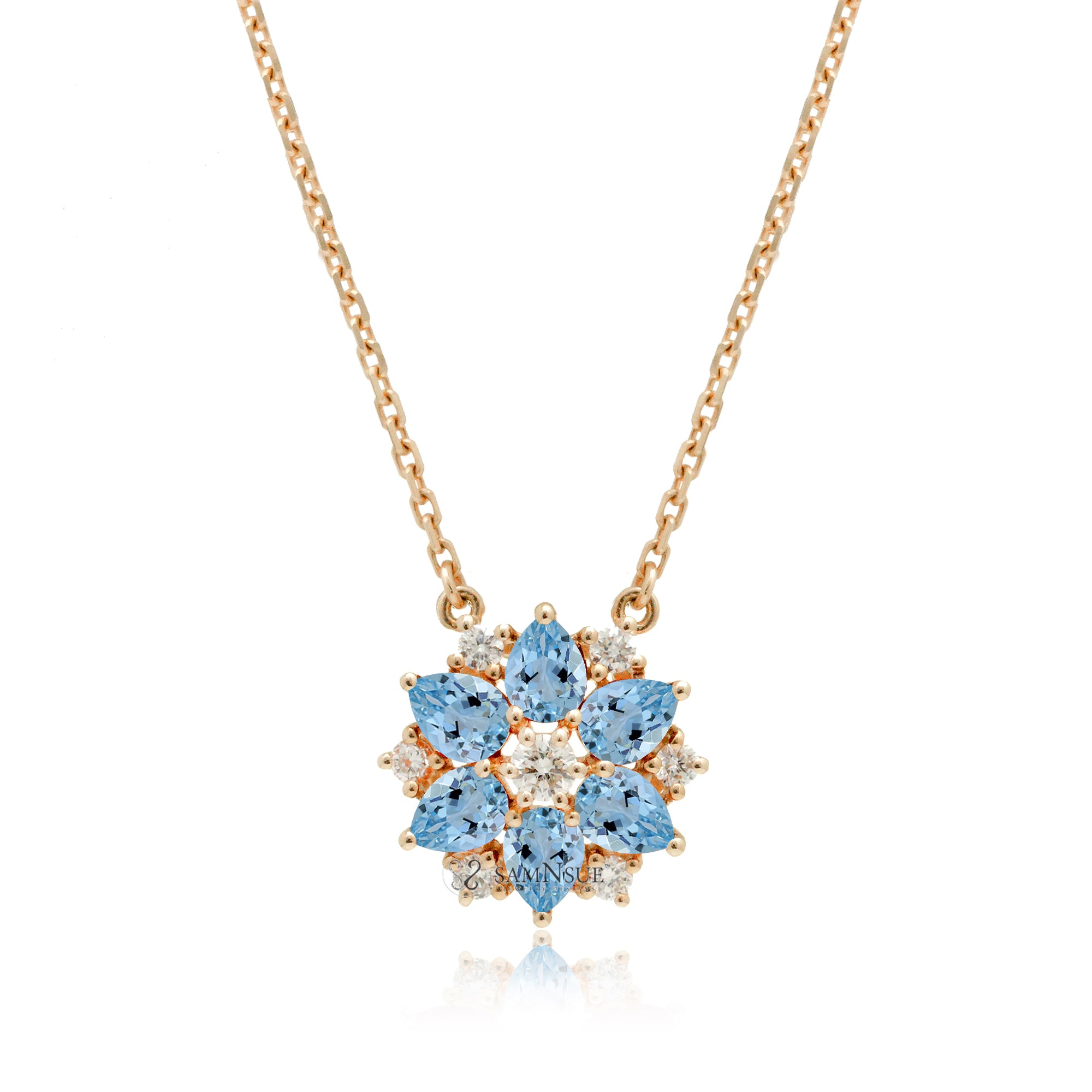 The lotus aquamarine & diamond star necklace with cable chain in rose gold