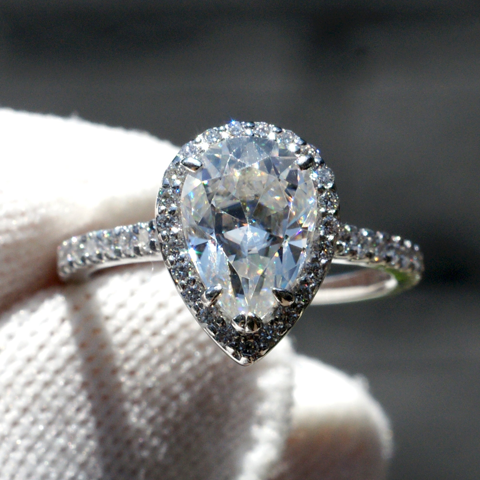 Pear Moissanite Ring Diamond Halo 10x7mm Platinum - The Sunset Ring