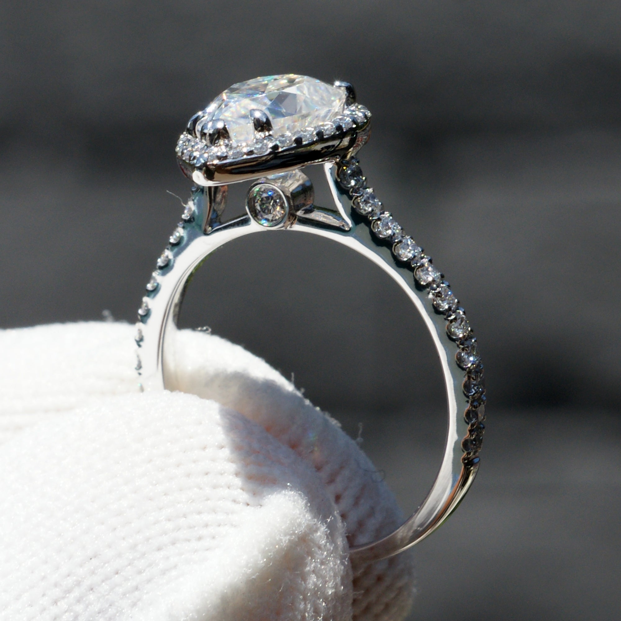 Pear Moissanite Ring Diamond Halo 10x7mm Platinum - The Sunset Ring