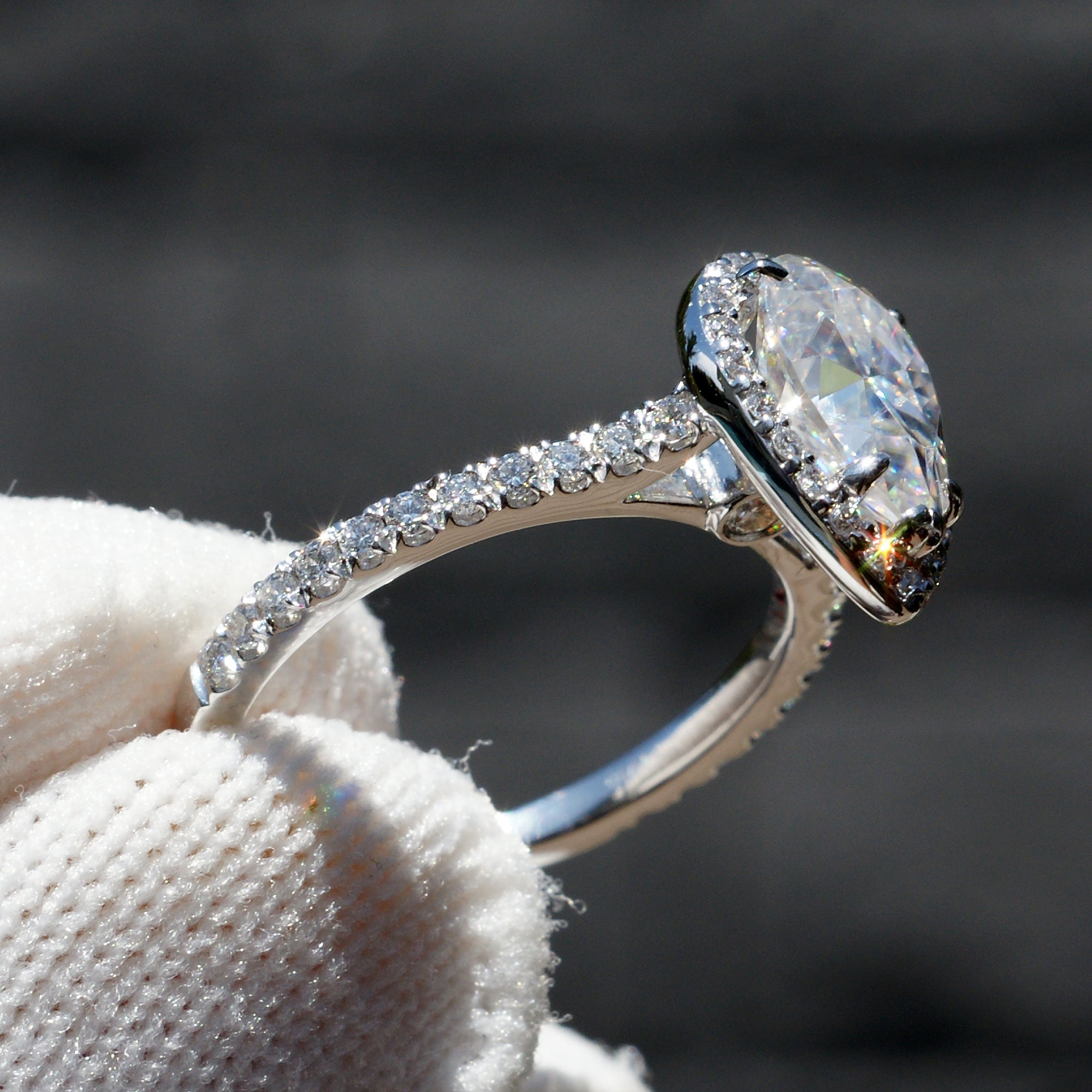 Pear Moissanite Ring Diamond Halo 10x7mm Platinum - The Sunset Ring