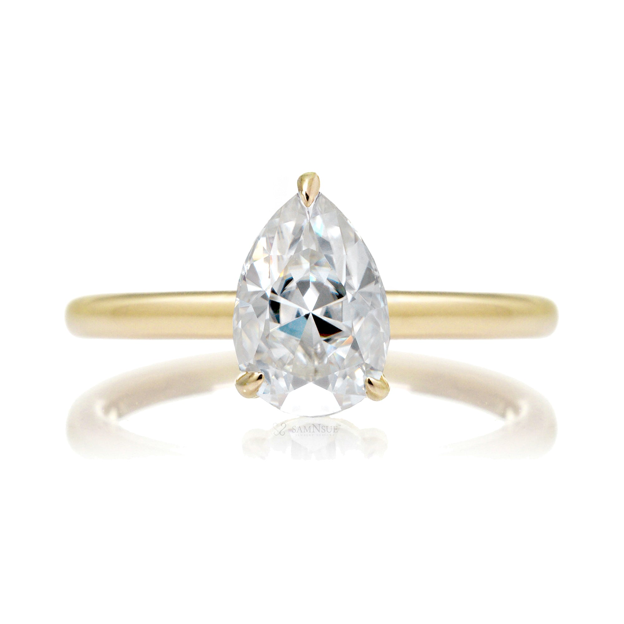 Solitaire pear cut moissanite ring diamond hidden halo solid band in yellow gold