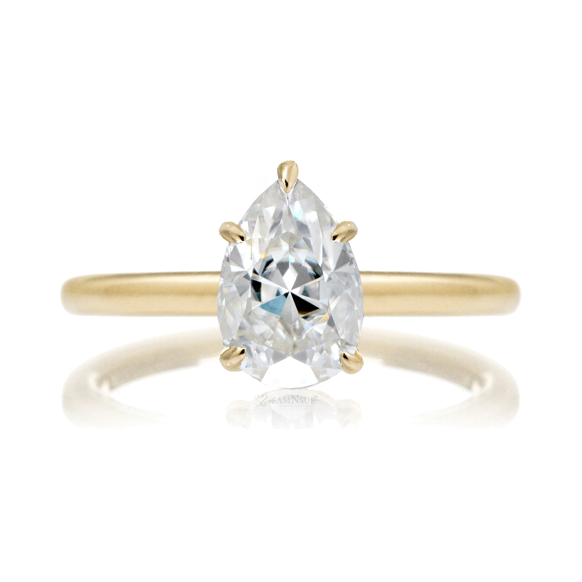Solitaire pear cut moissanite ring diamond hidden halo solid band in yellow gold