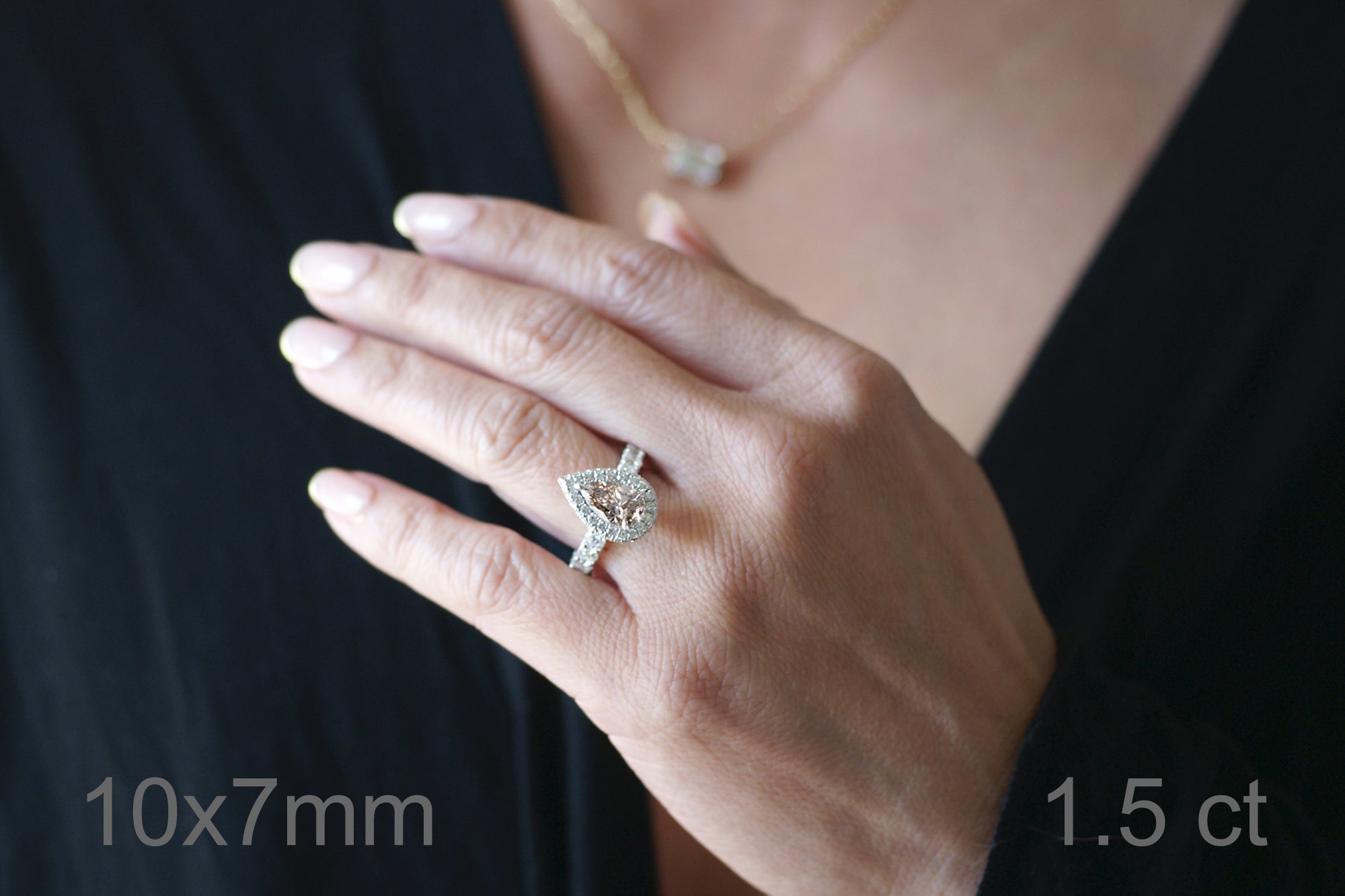 pear morganite ring diamond halo in white gold