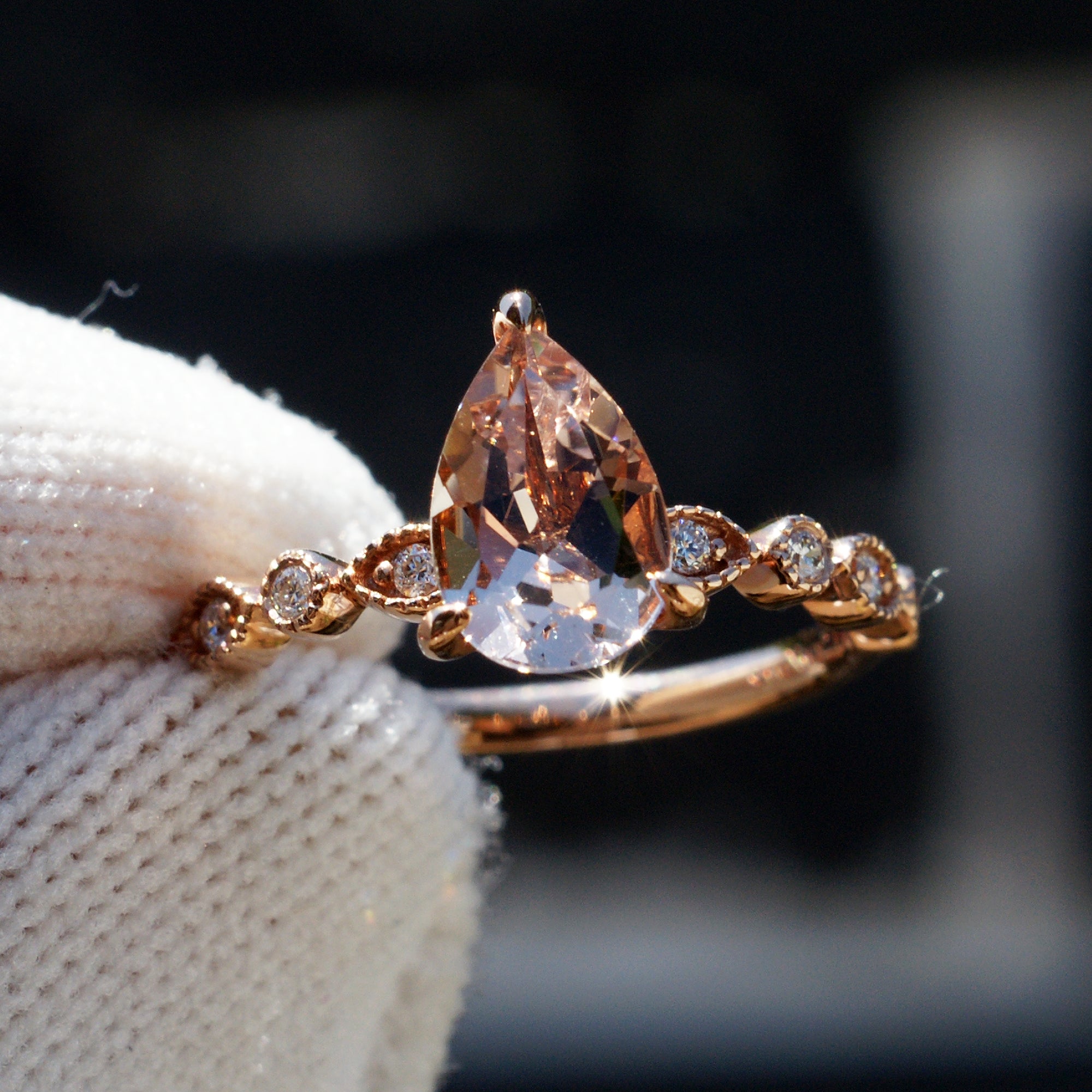 Pear cut morganite ring in rose gold