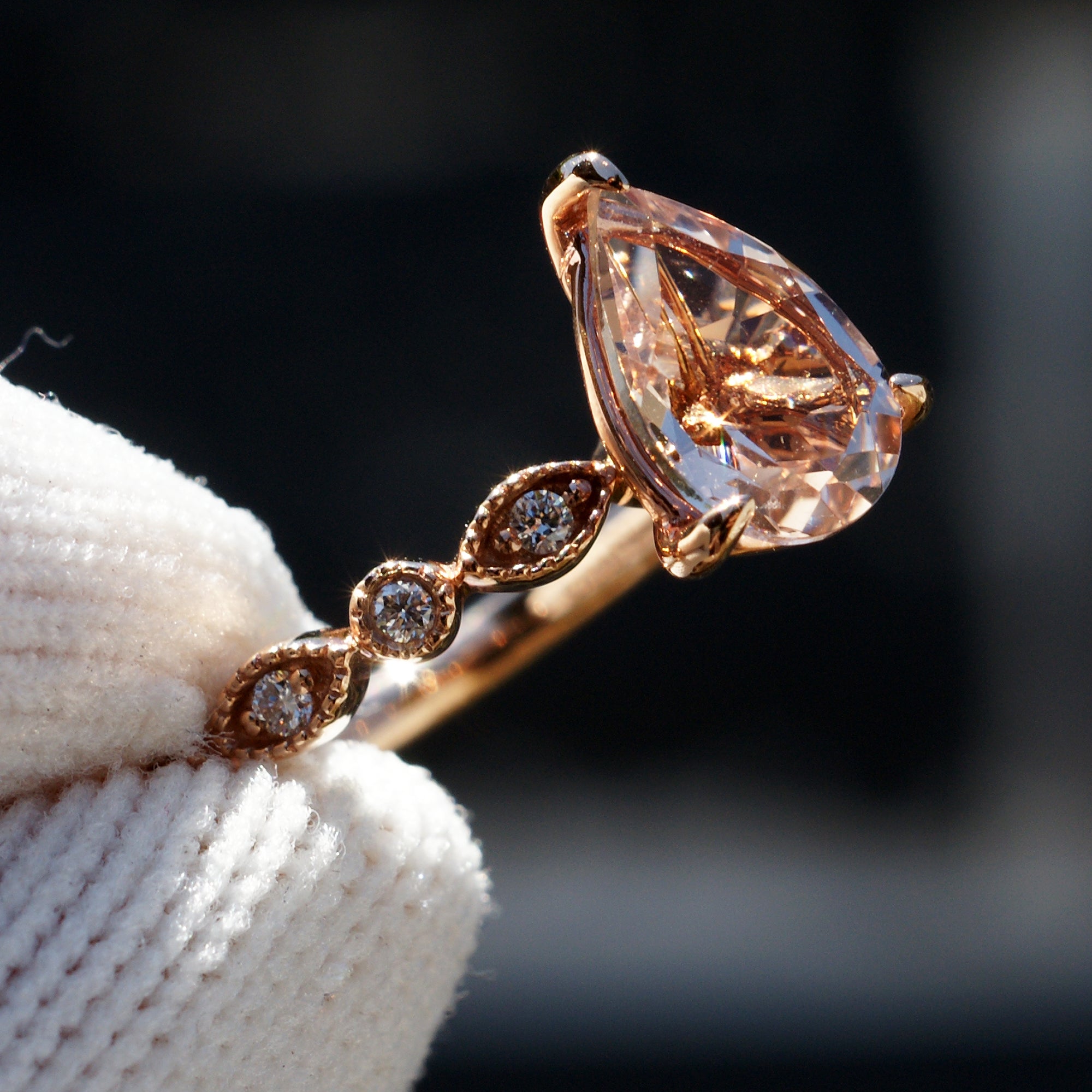 Pear cut morganite ring in rose gold