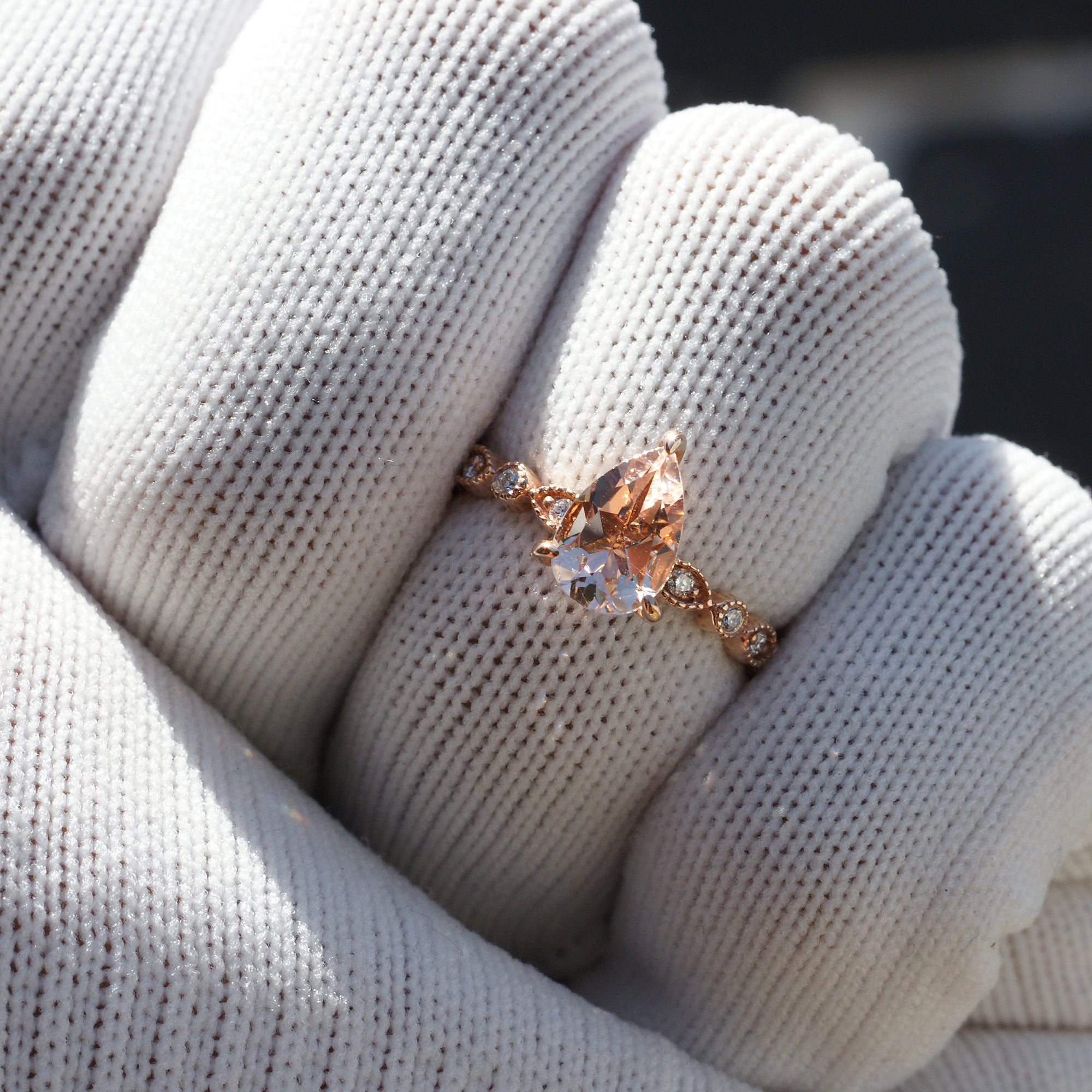 Pear cut morganite ring in rose gold