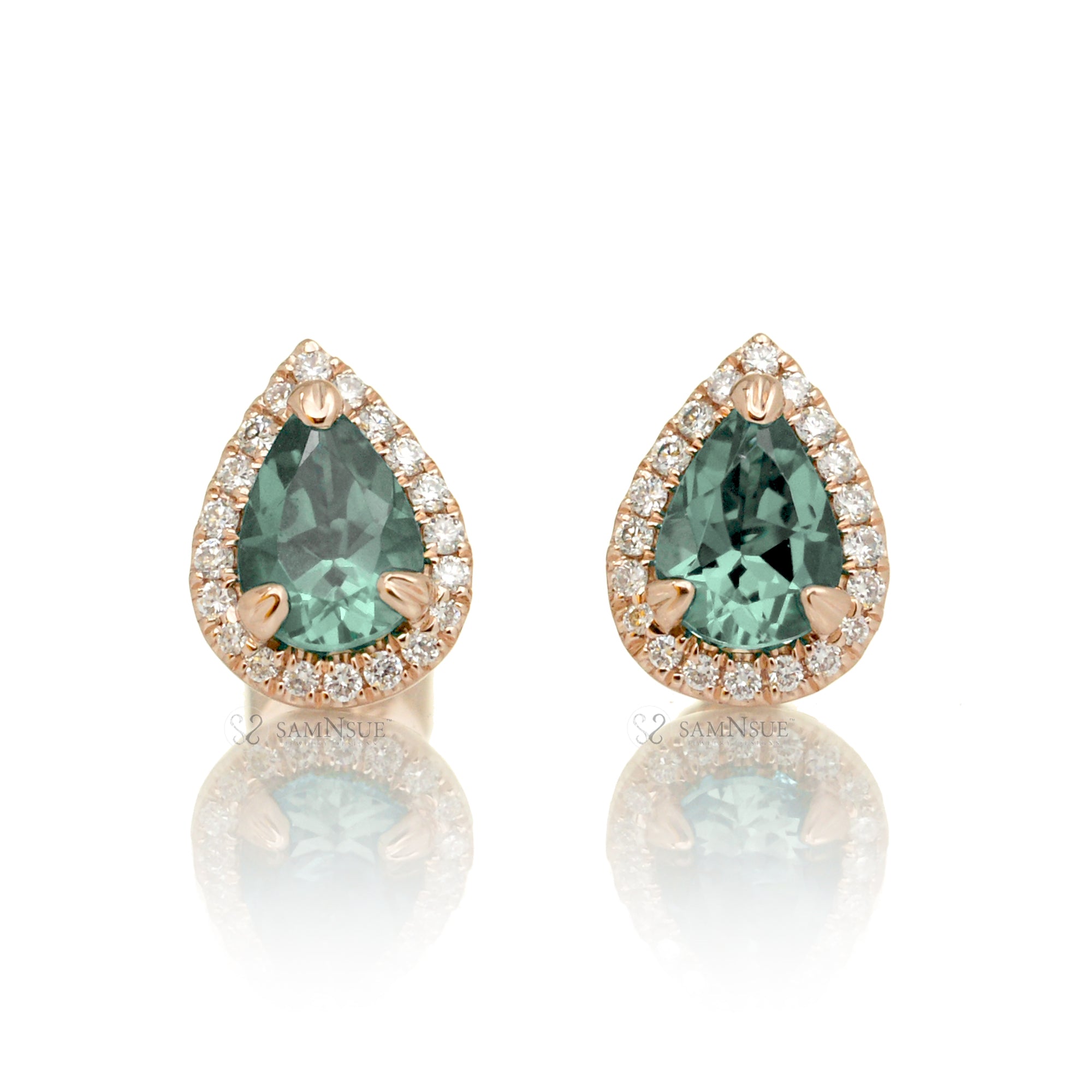 Pear Green Sapphire Earrings with Diamond Halo in Rose Gold