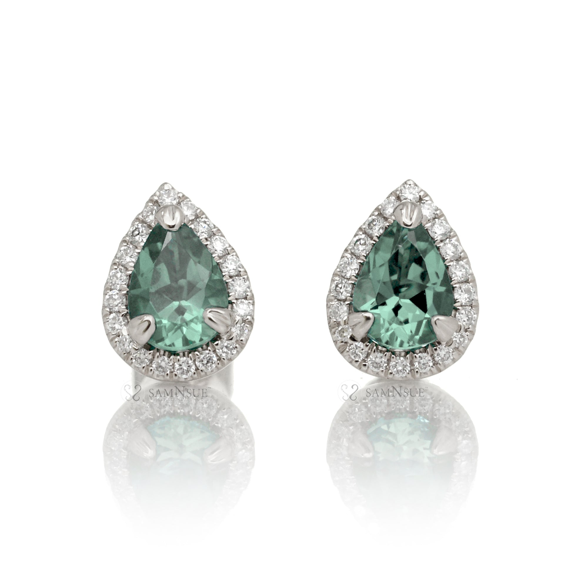 Elegant Pear-Cut Green Sapphire Studs with Diamond Accents in White Gold