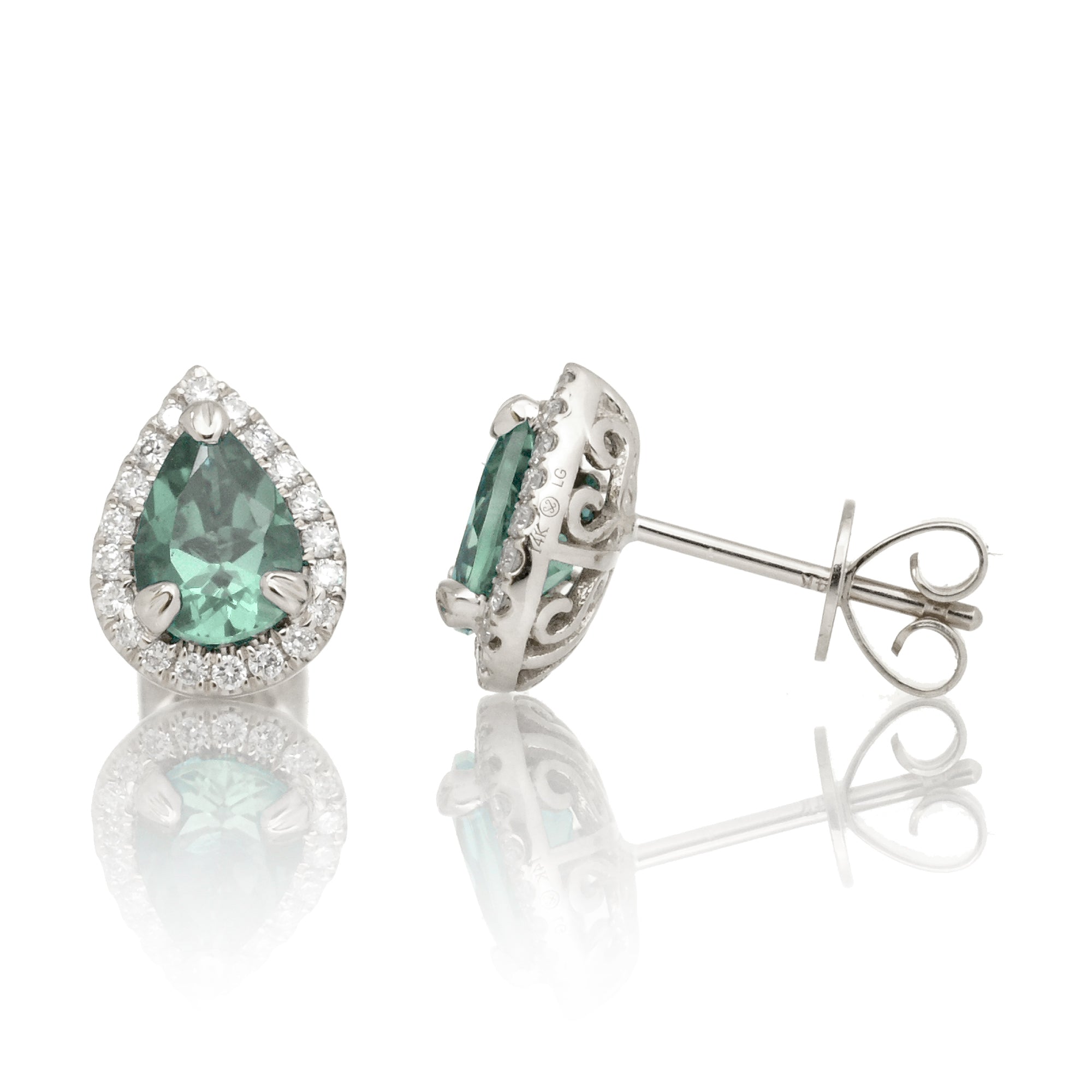 Elegant Pear-Cut Green Sapphire Studs with Diamond Accents in White Gold