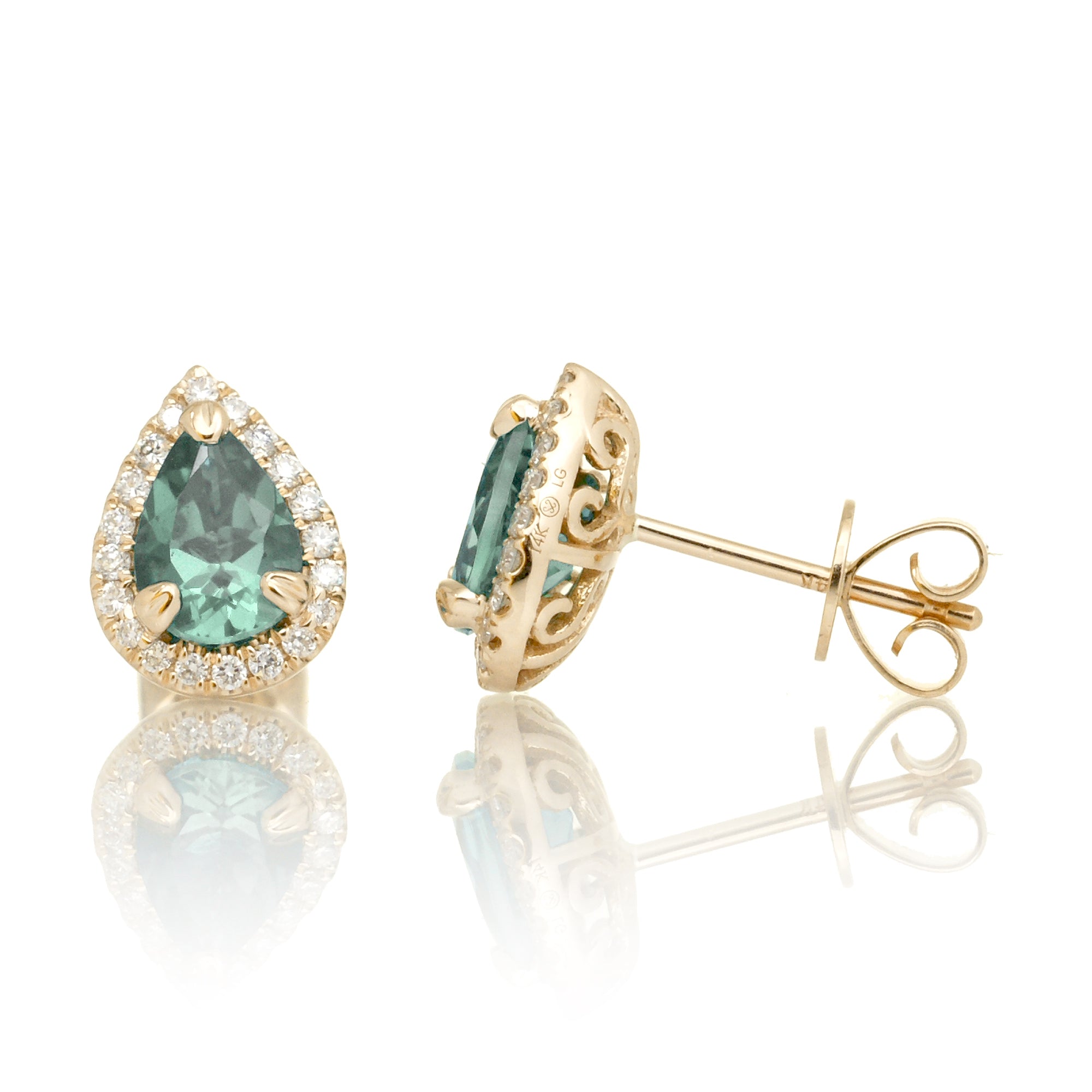 Pear Green Sapphire and Diamond Halo Earrings in Yellow Gold