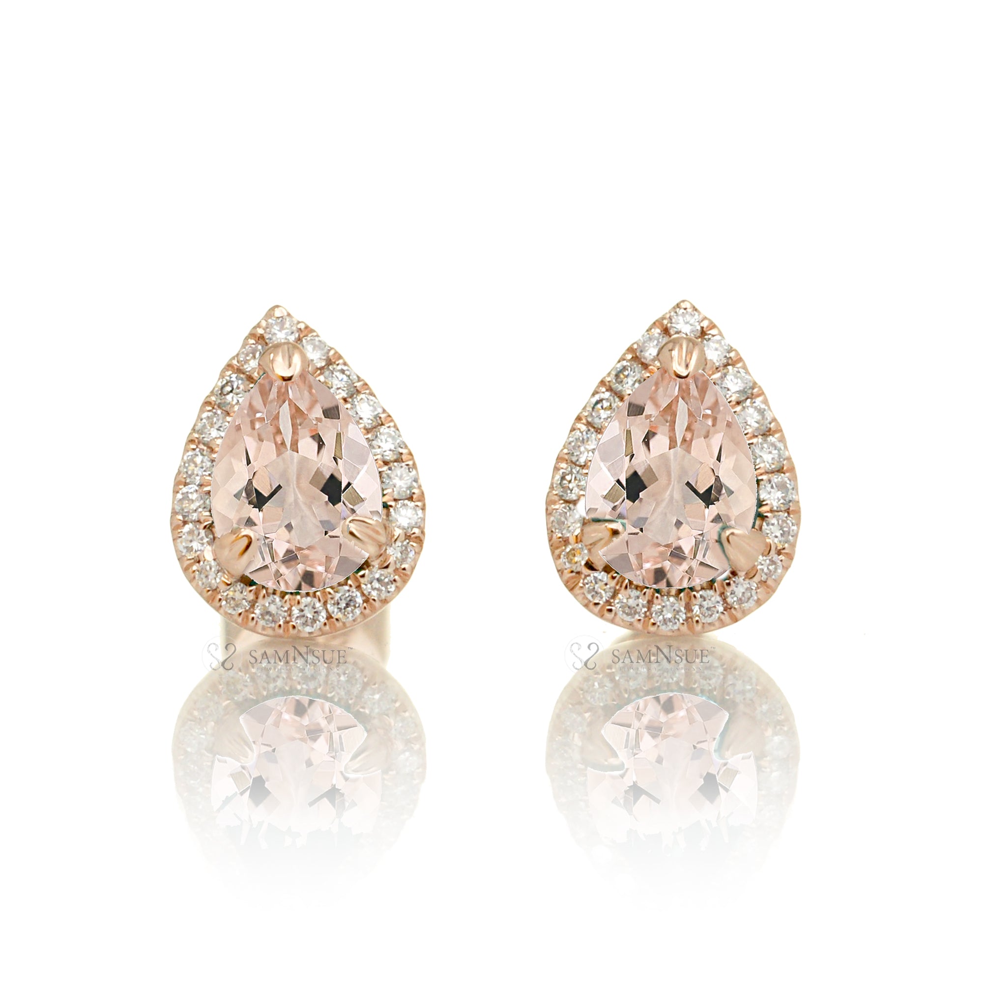 Pear Morganite Earrings with Diamond Halo Romantic Fine Jewelry