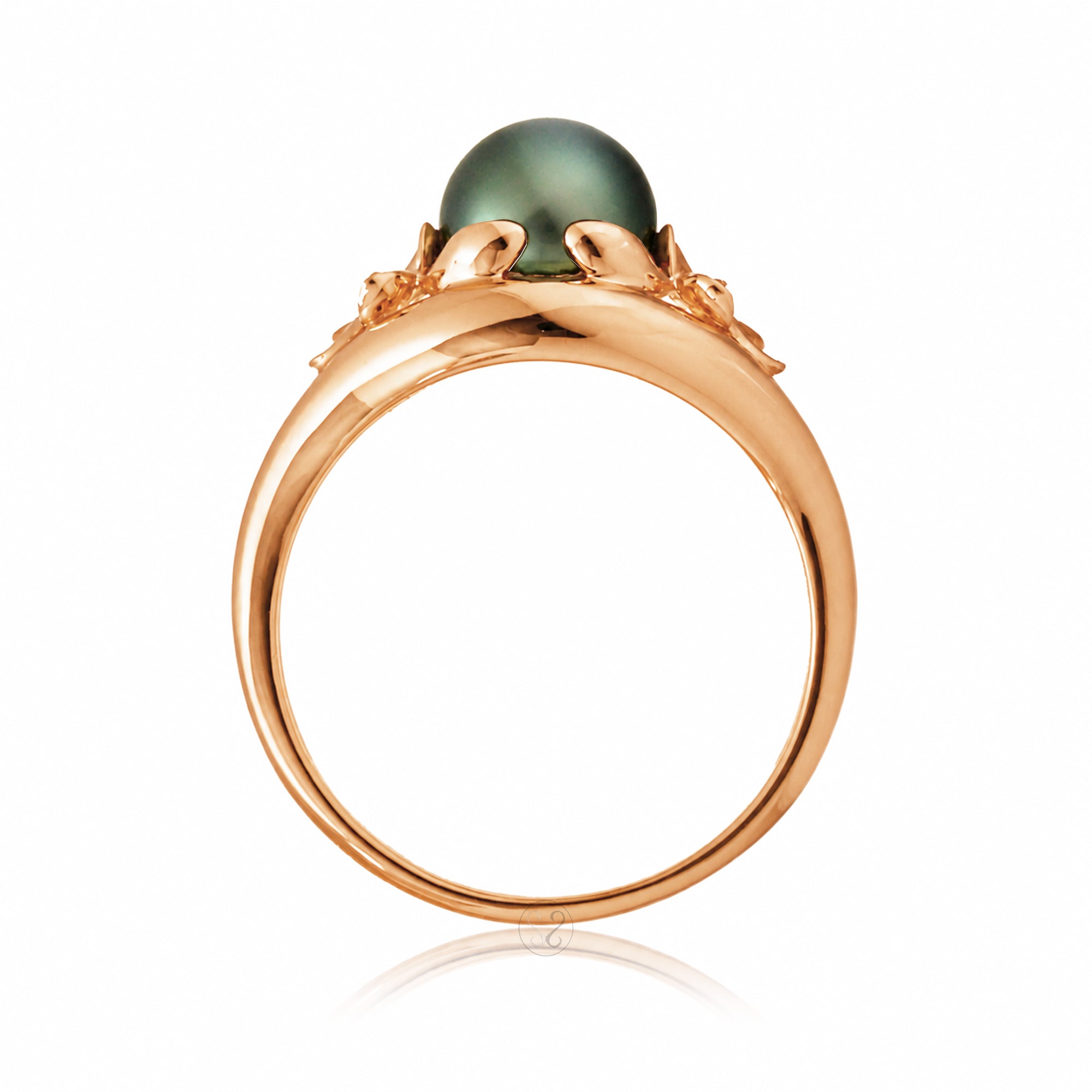 Tahitian peacock pearl plumeria rose gold embrace split band ring