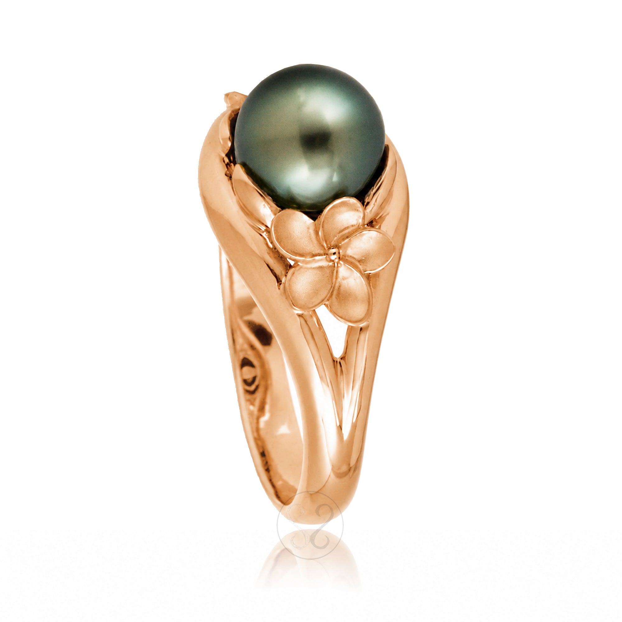 Tahitian peacock pearl plumeria rose gold embrace split band ring