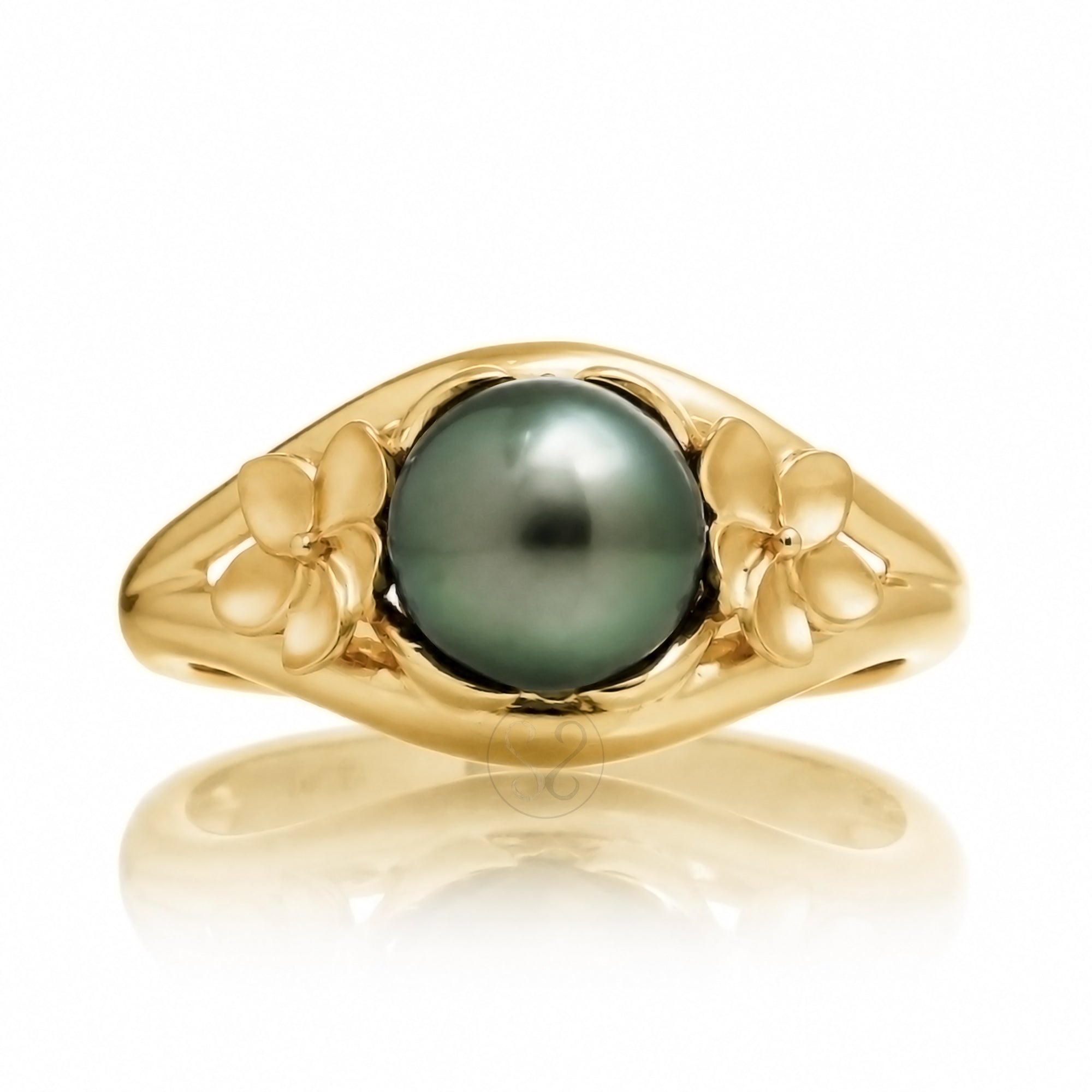 Tahitian peacock pearl plumeria yellow gold embrace split band ring
