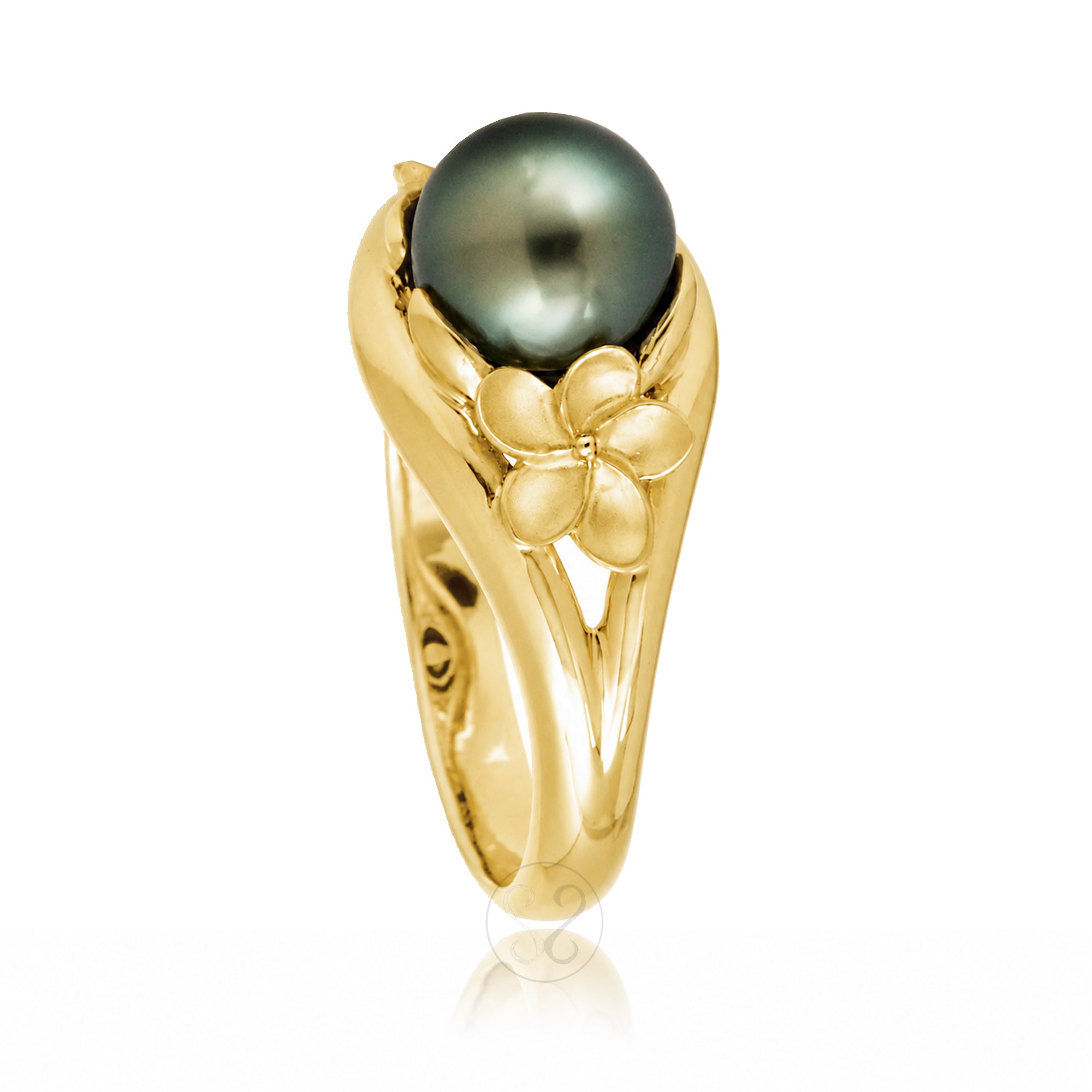 Tahitian peacock pearl plumeria yellow gold embrace split band ring