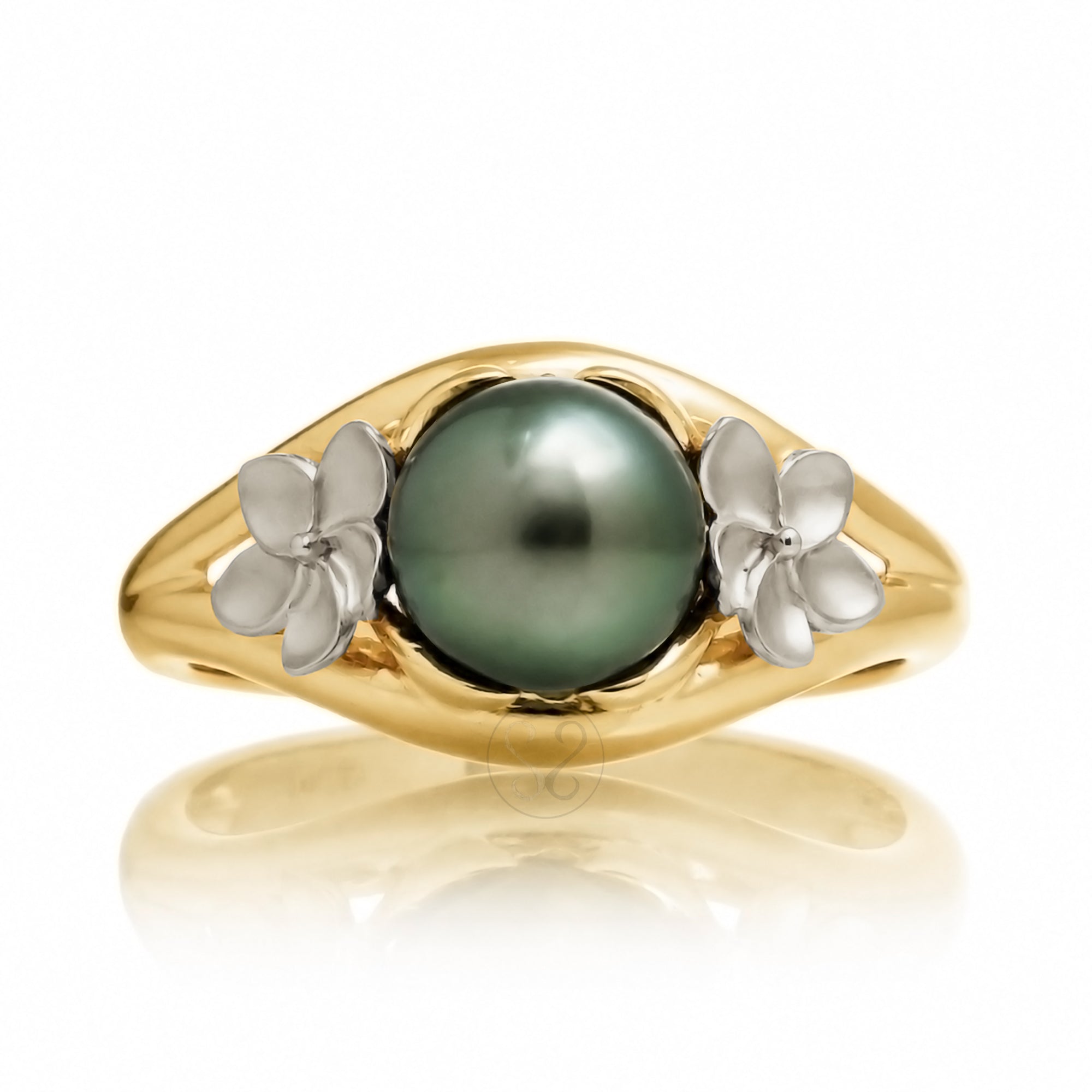 Tahitian peacock pearl white side plumeria yellow gold embrace split band ring