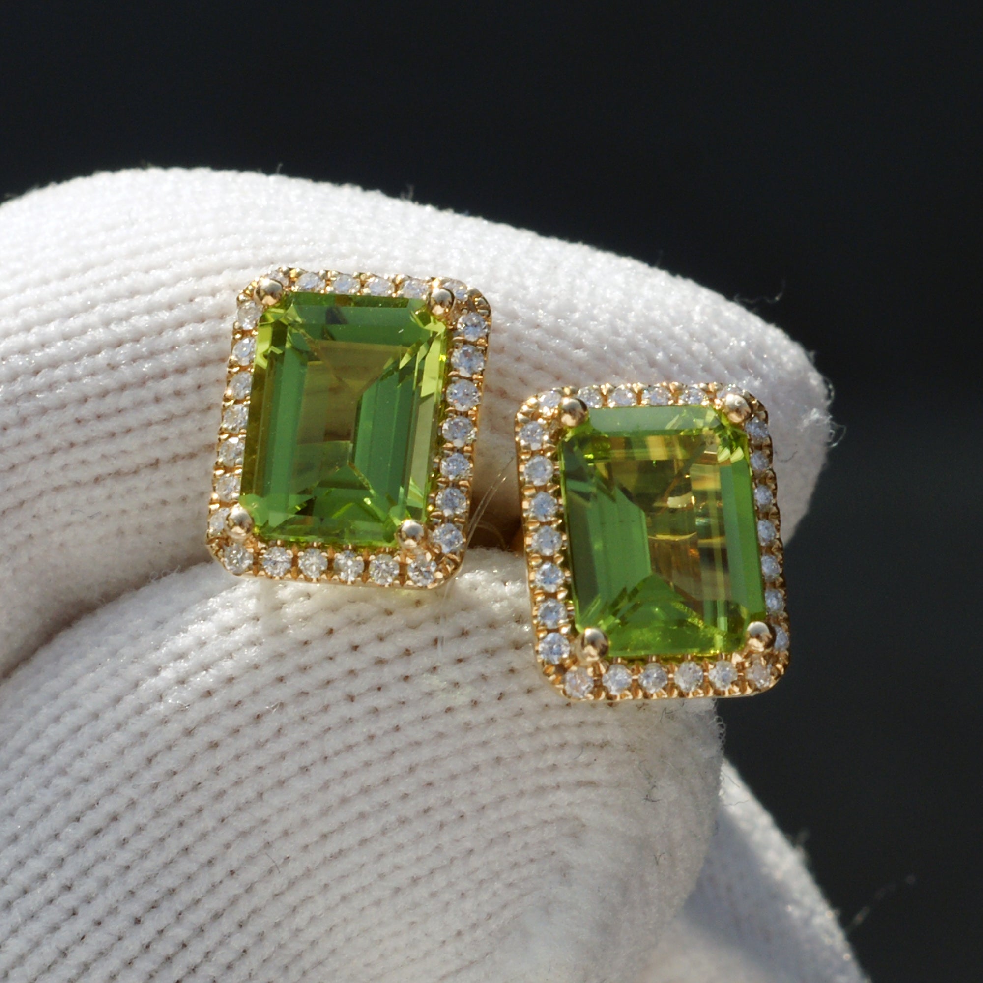 Petite Halo Emerald Cut Peridot Stud Earrings (8x6mm) - Main Image