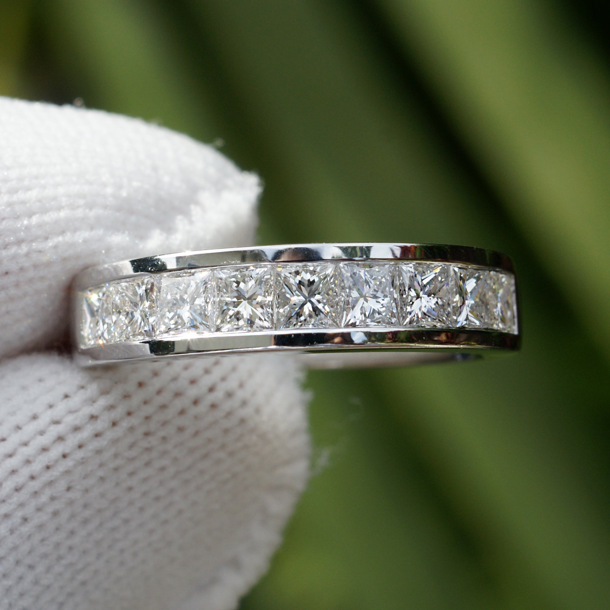 Channel set princess cut diamond channel set 9 stones wedding band white gold