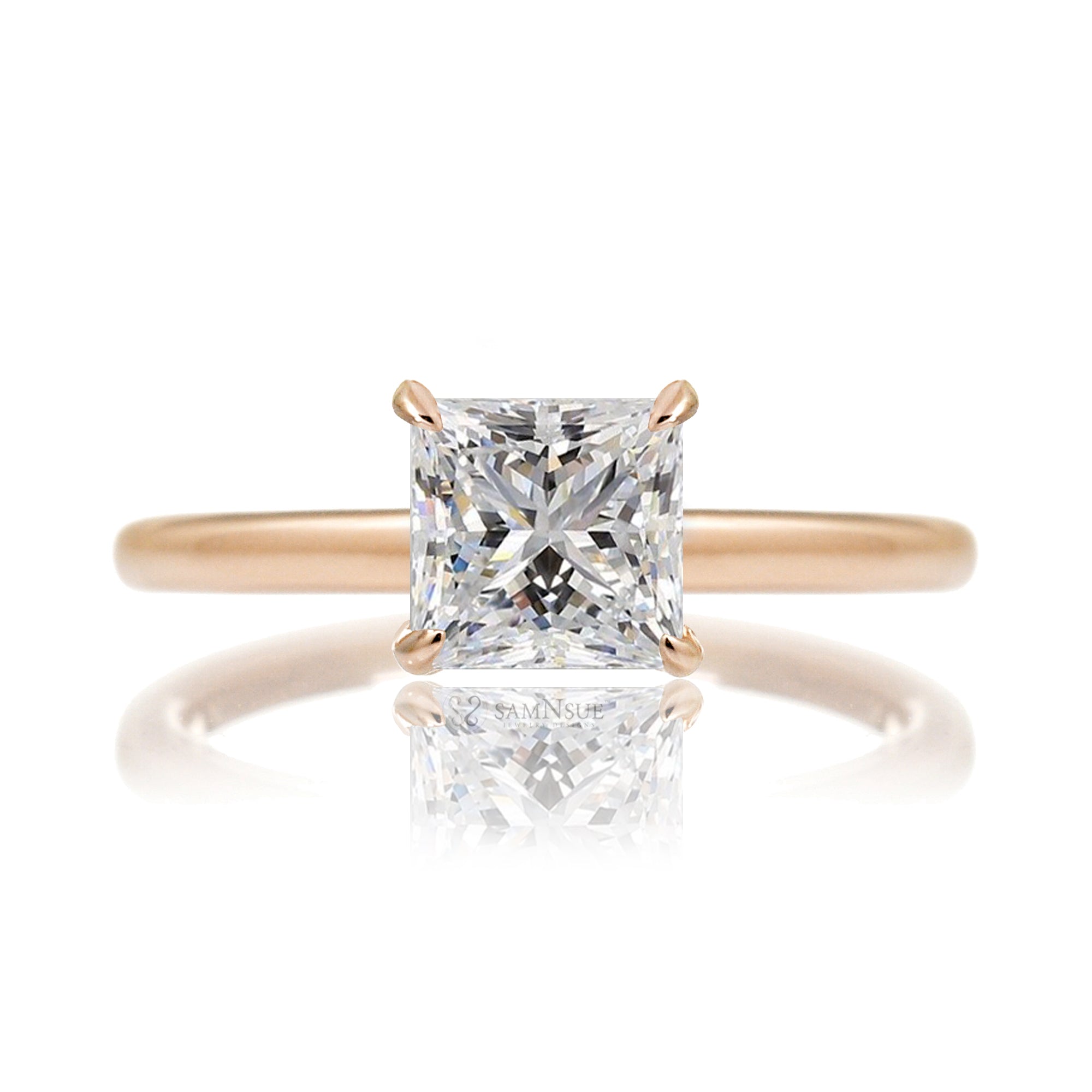 Princess cut solitaire diamond engagement ring with a hidden halo and solid polished band in rose gold