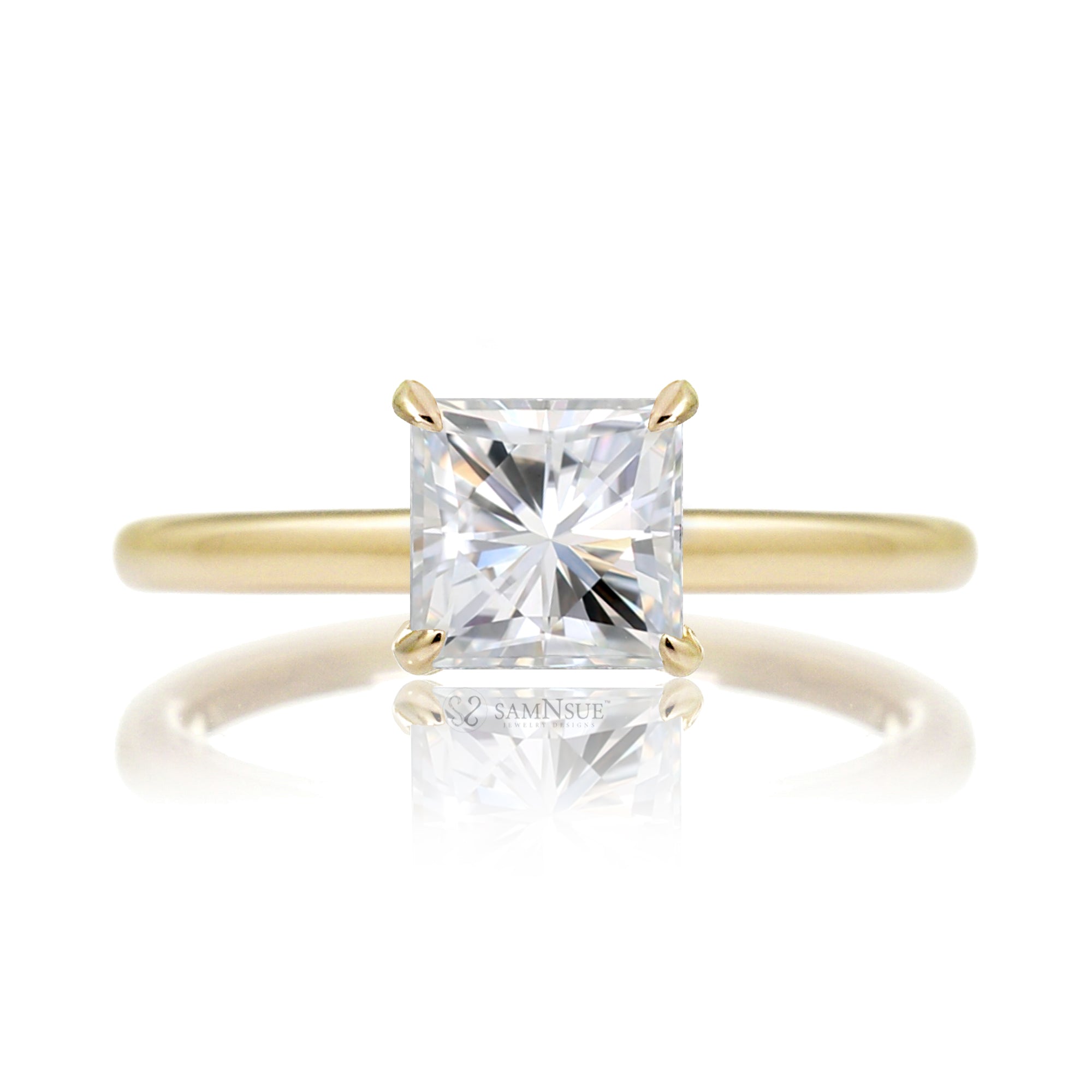 Solitaire princess cut moissanite ring diamond hidden halo solid band in yellow gold