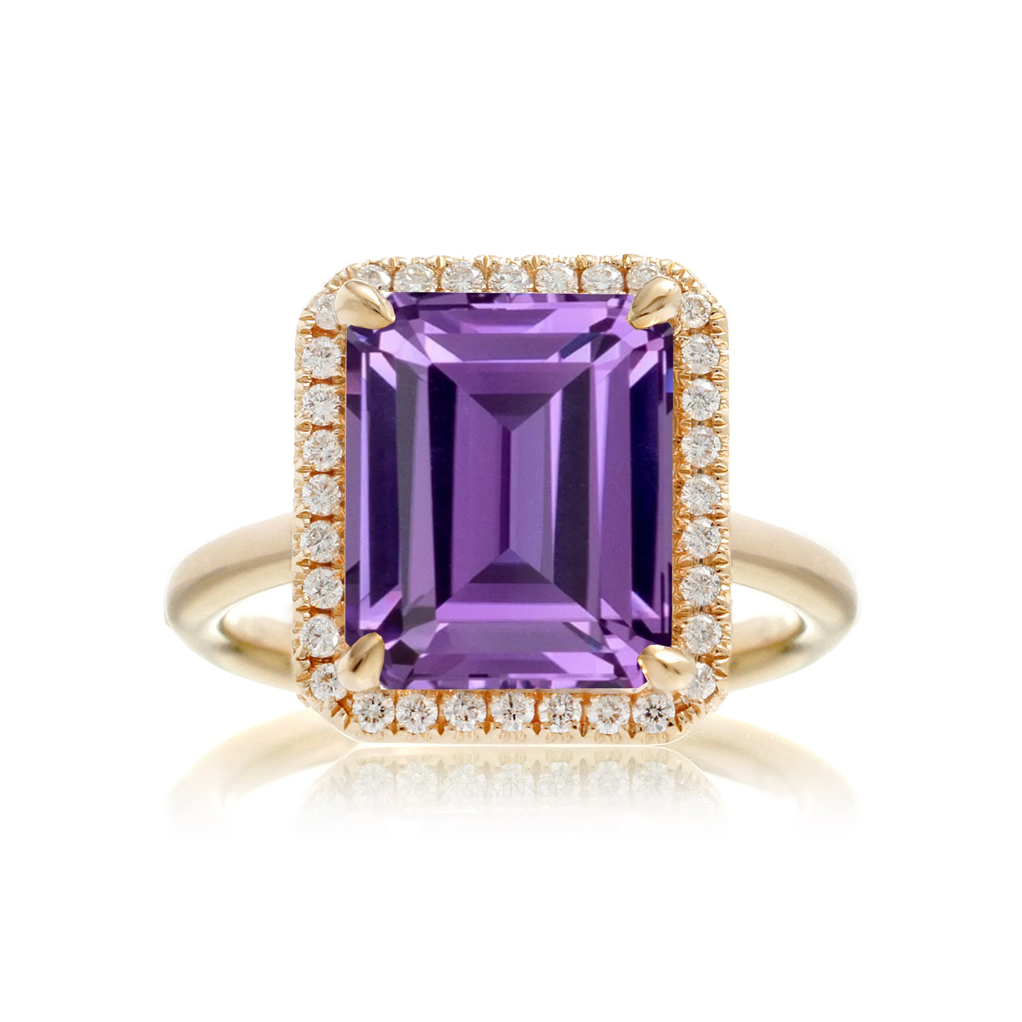 Purple sapphire ring emerald cut diamond halo the Drenched yellow gold solid band