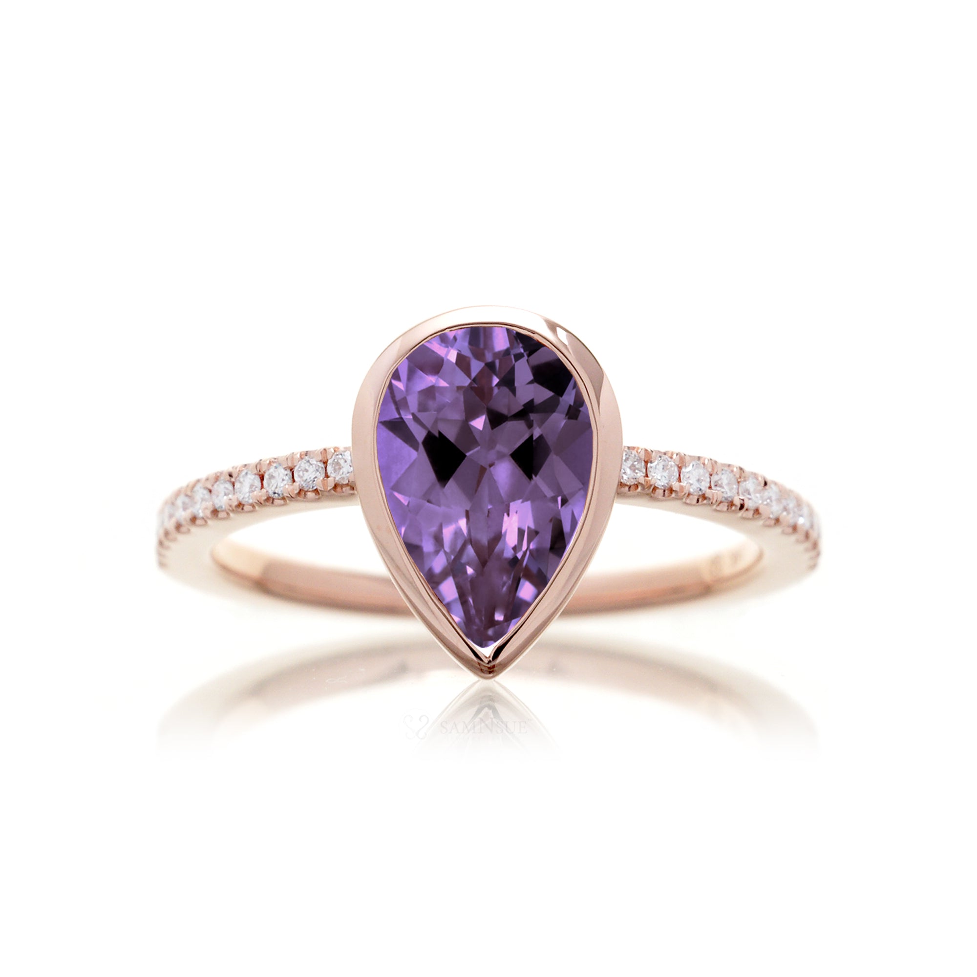 Pear purple amethyst solitaire bezel engagement ring The beverly rose gold